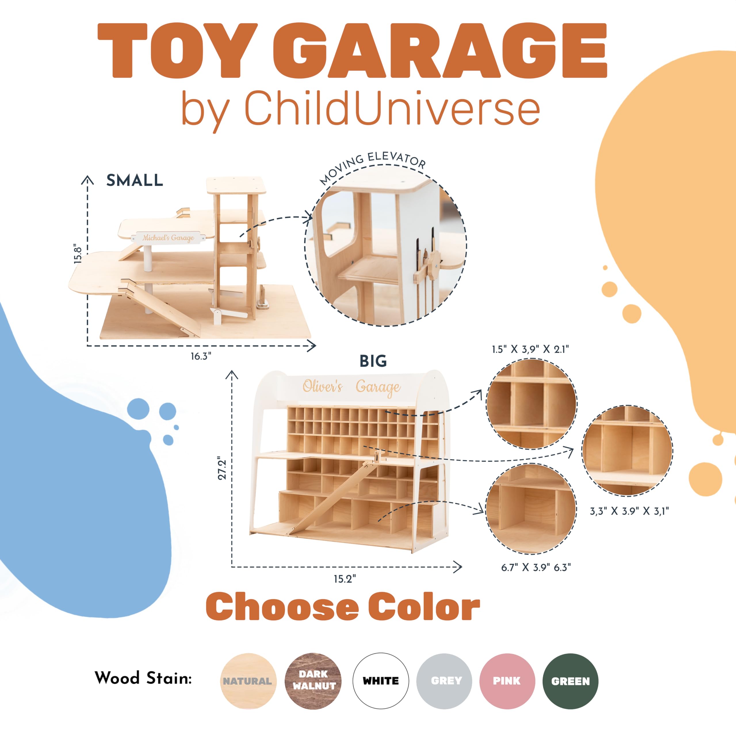 Wooden Toy Parking Garage with Elevator - Car Storage Organizer for Hot Wheels & Mini Toy Cars - Gift for Toddlers 1-4 Years Old - Big Natural Wood Case Shelf - Perfect for Playrooms, Bedrooms & Preschool Learning Activities