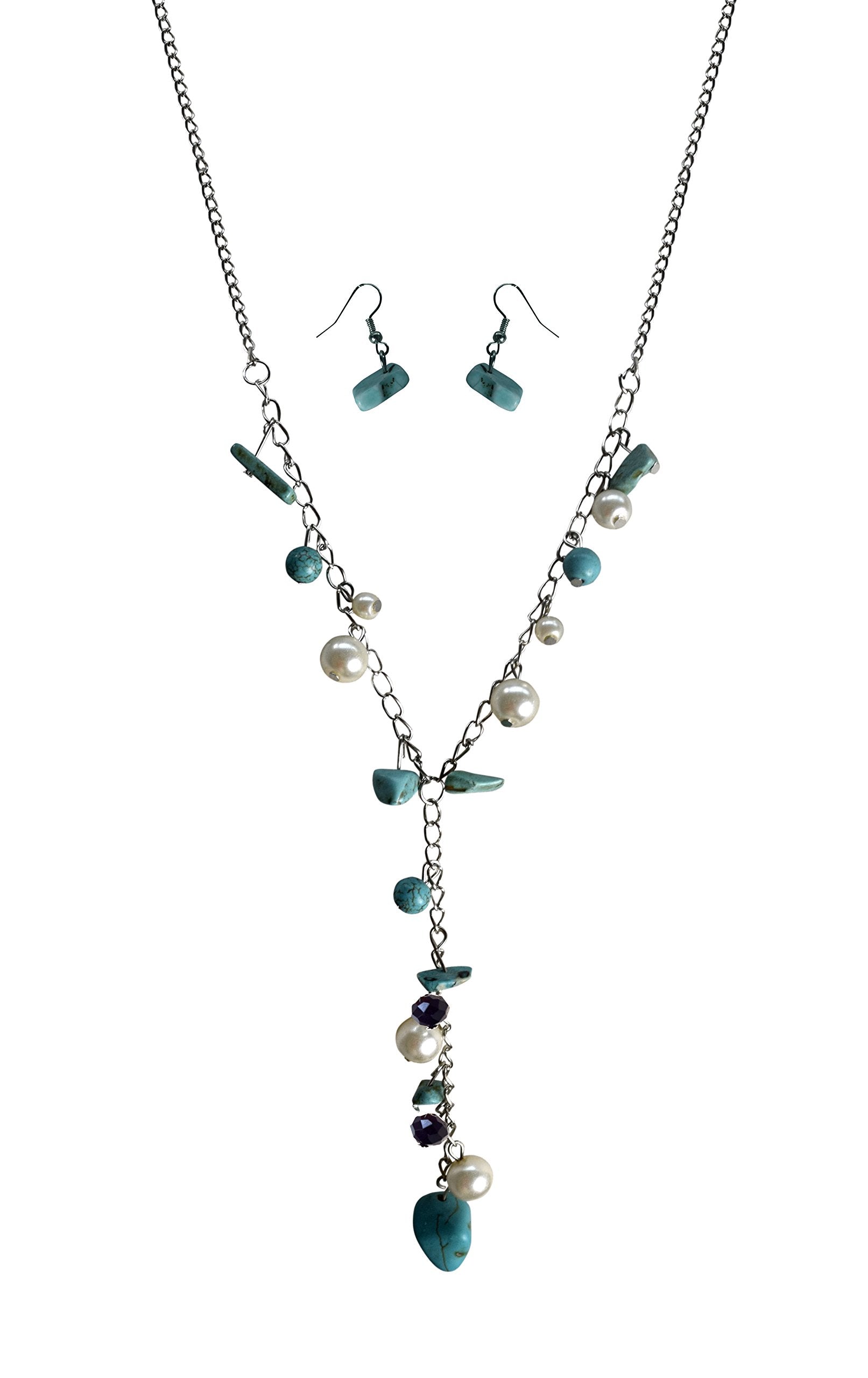 Elegant Women's Long Chain Turquoise Pearl Gem Charm Necklace & Earrings Set | Perfect for Weddings, Parties & Special Occasions