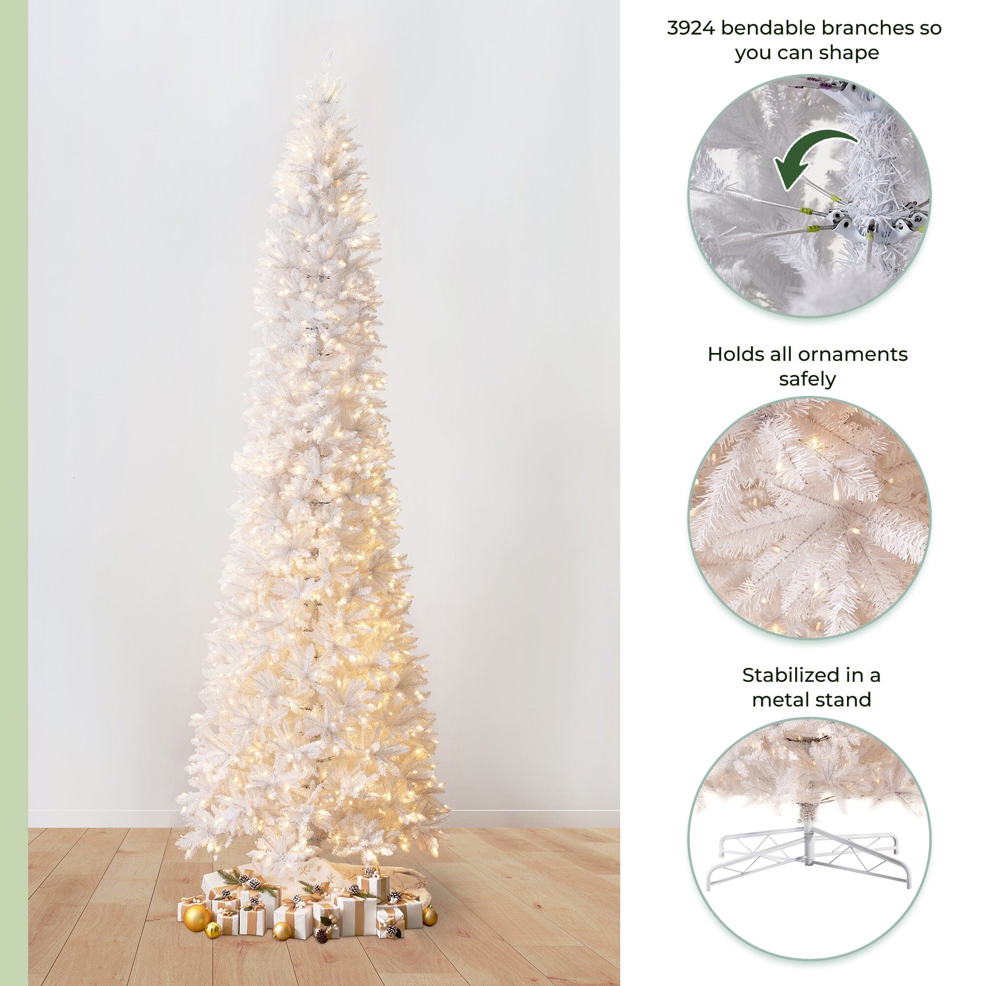 13' Slim White Artificial Christmas Tree with 1350 Warm White LED Lights & 3924 Bendable Branches - Perfect for Small Spaces, Apartments & Holiday Decorations