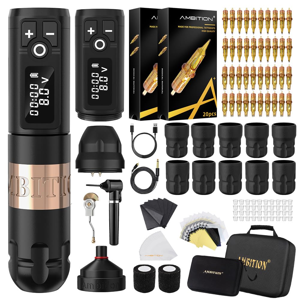 Professional Wireless Tattoo Machine Kit - Ambition Soldier Tattoo Kit with 2400mAh Battery, 40 Cartridge Needles, Bandages, Gloves, Ink Mixer & Accessories for Tattoo Artists | Perfect for Studio Work & Home Tattooing