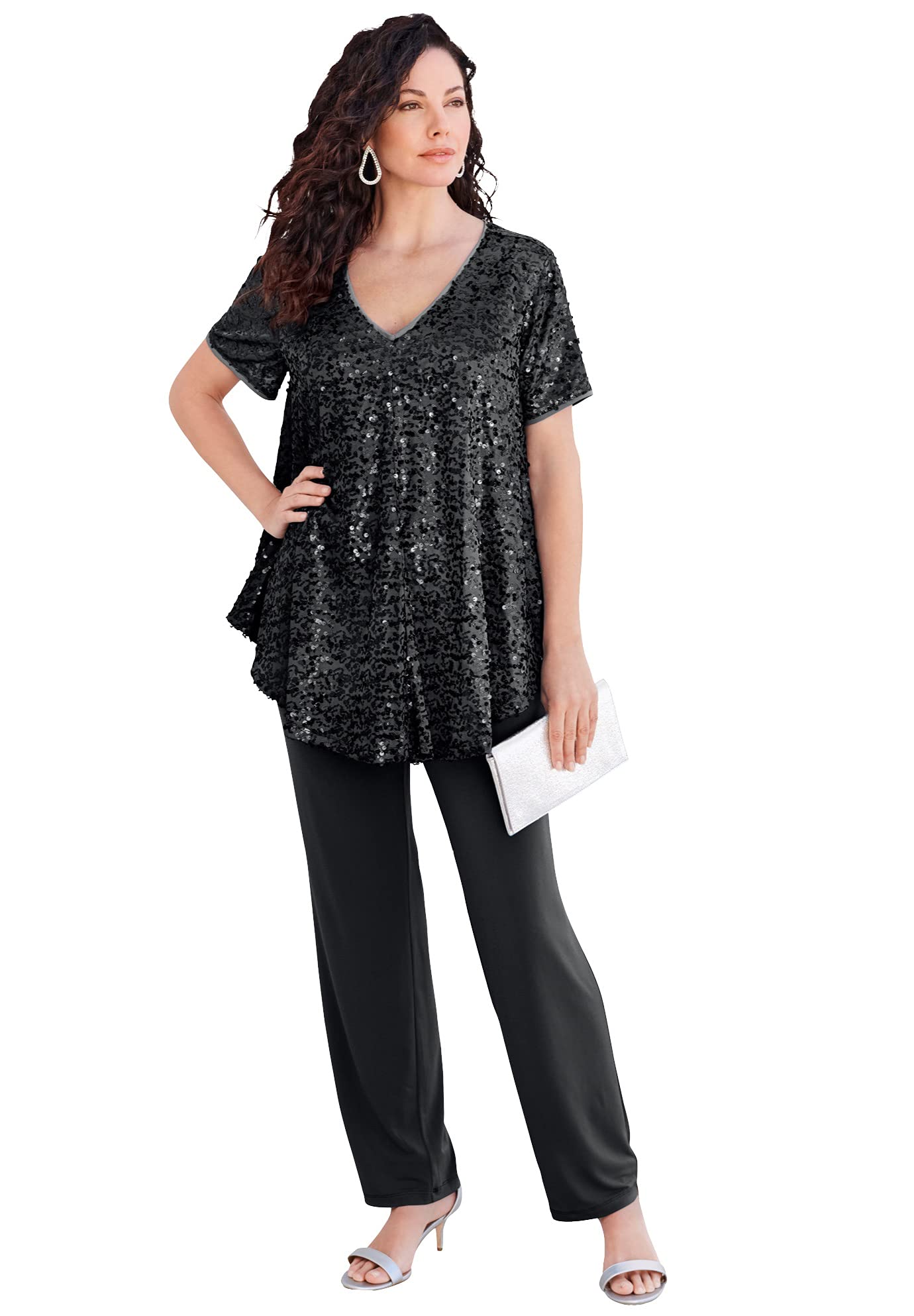 Roaman's Women's Plus Size Sequin Pajama Set - Soft & Glamorous Sleepwear for Curvy Women - Perfect for Christmas, Parties & Special Occasions