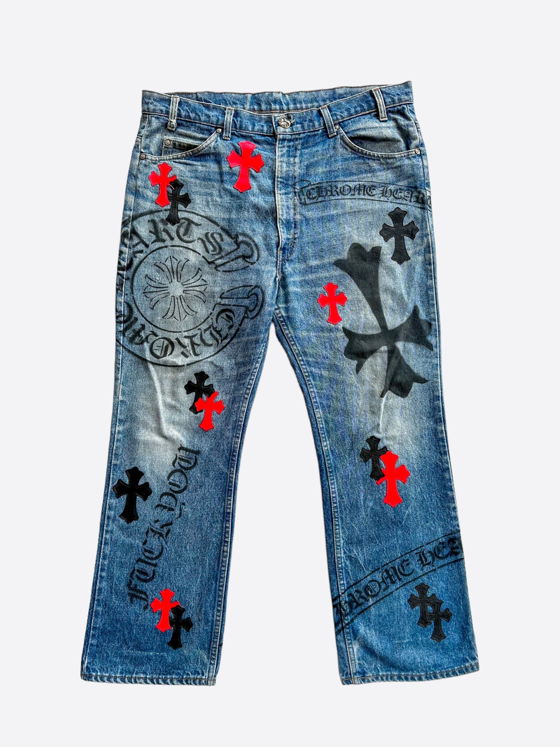 Chrome Hearts x Levi's Blue Black & Red Cross Patch Stencil Jeans for Men - Vintage Distressed Denim Pants for Casual Wear & Street Style