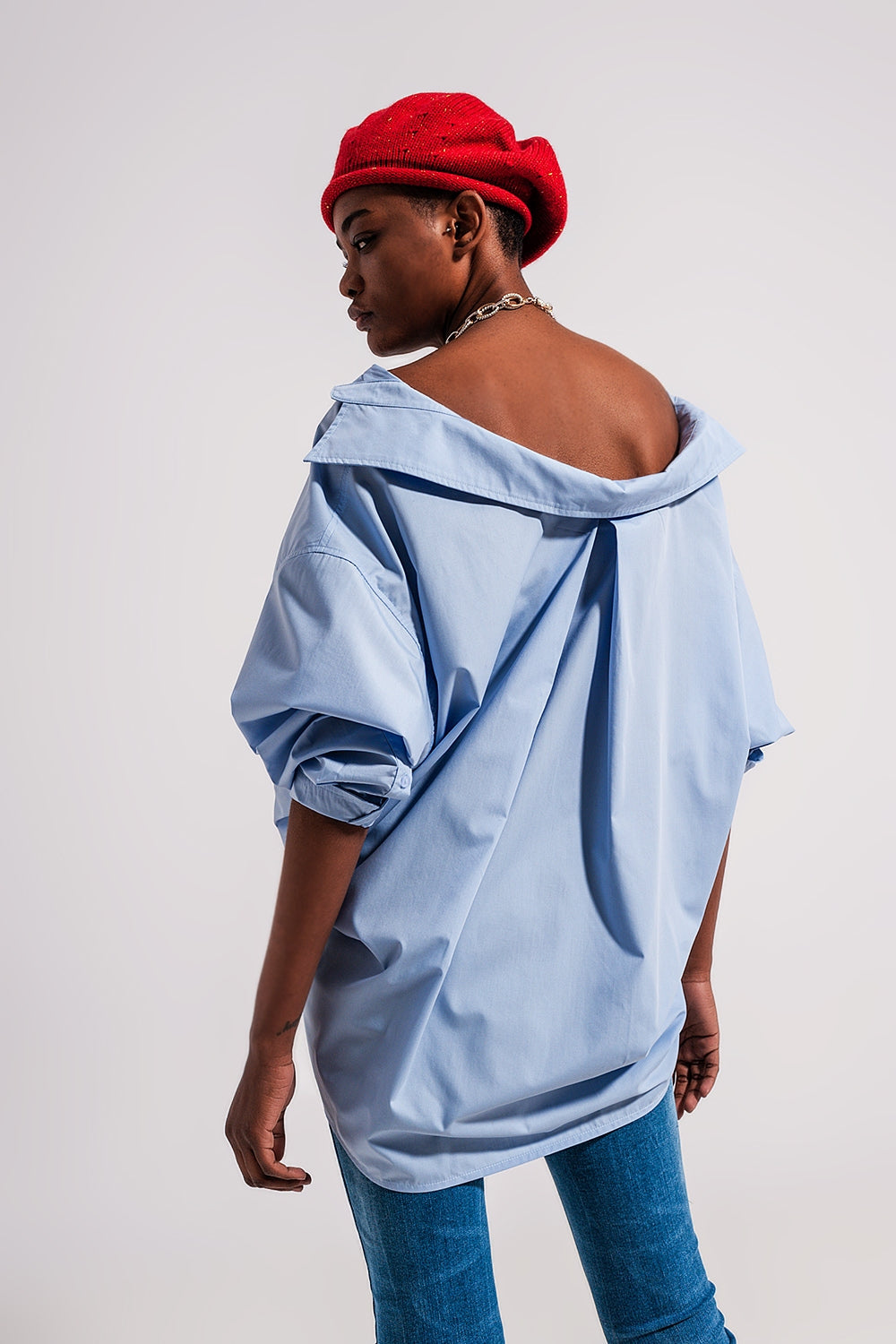 Oversized Relaxed Blue Poplin Shirt for Women - Casual Comfort Wear for Everyday Outings and Weekend Getaways