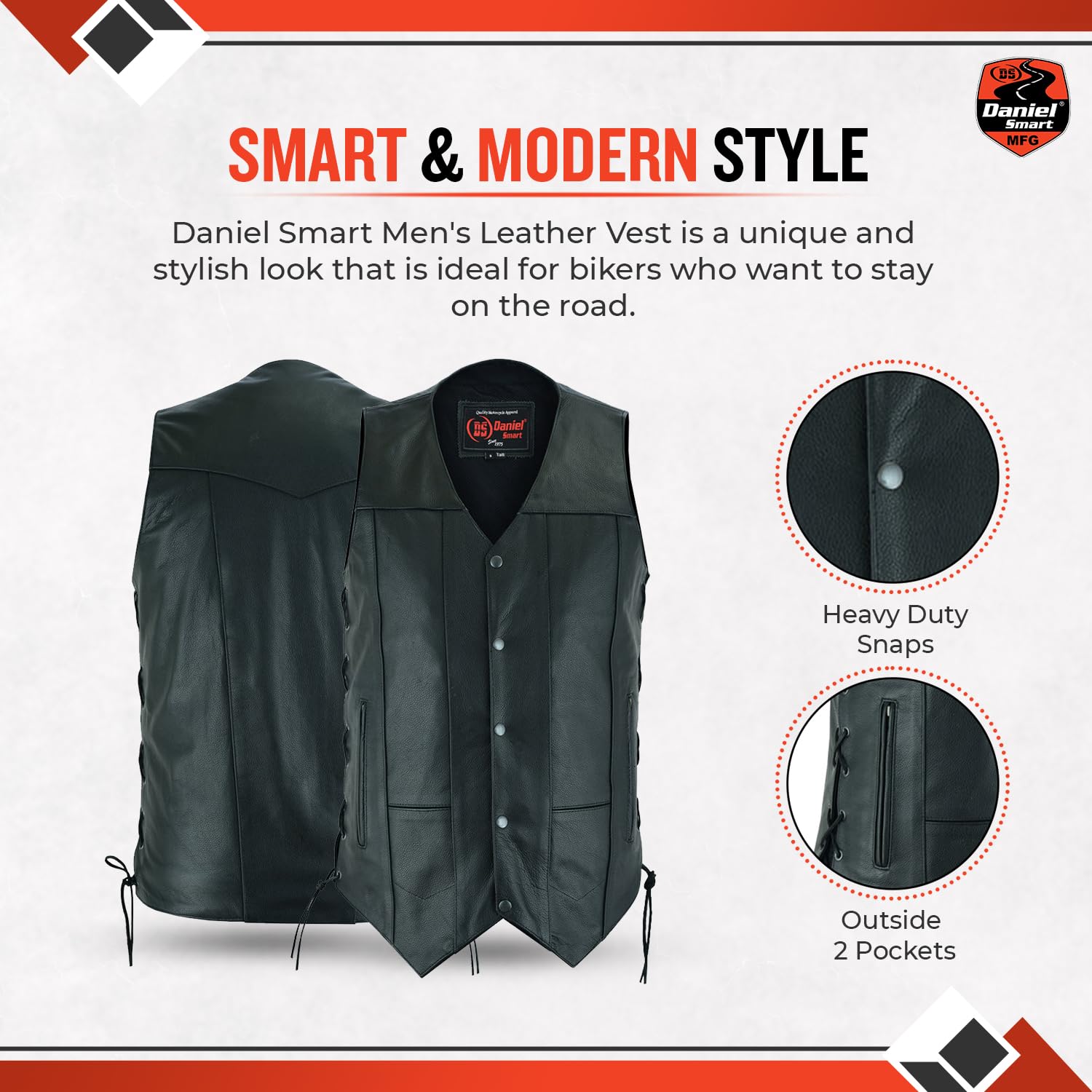 Daniel Smart Genuine Black Leather Motorcycle Vest for Men - Adjustable Side Laces & Multiple Pockets | Riding Gear, Biker Jacket Alternative, Motorcycle Club Apparel