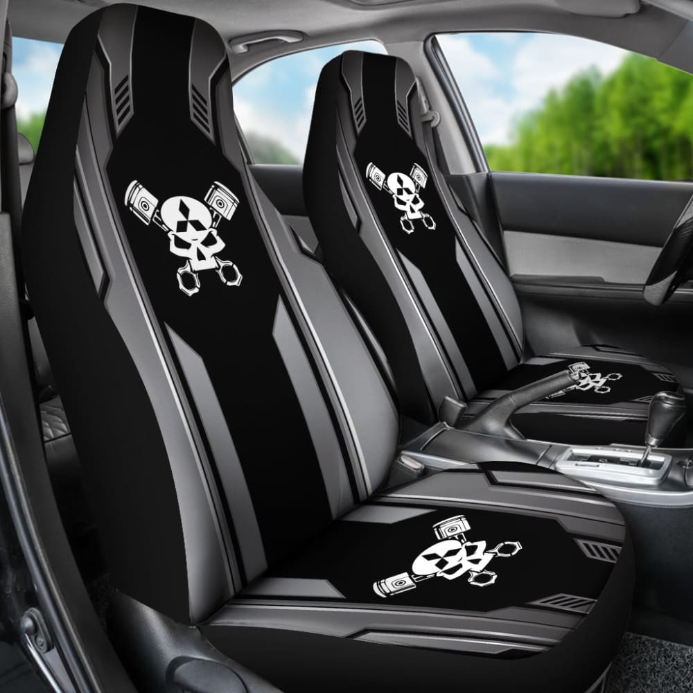 Black Themed Mechanic Skull Mitsubishi Car Seat Covers | Universal Fit for Mitsubishi Vehicles | Durable & Stylish Protection for Cars, Trucks & SUVs | Perfect for Car Enthusiasts & Skull Lovers