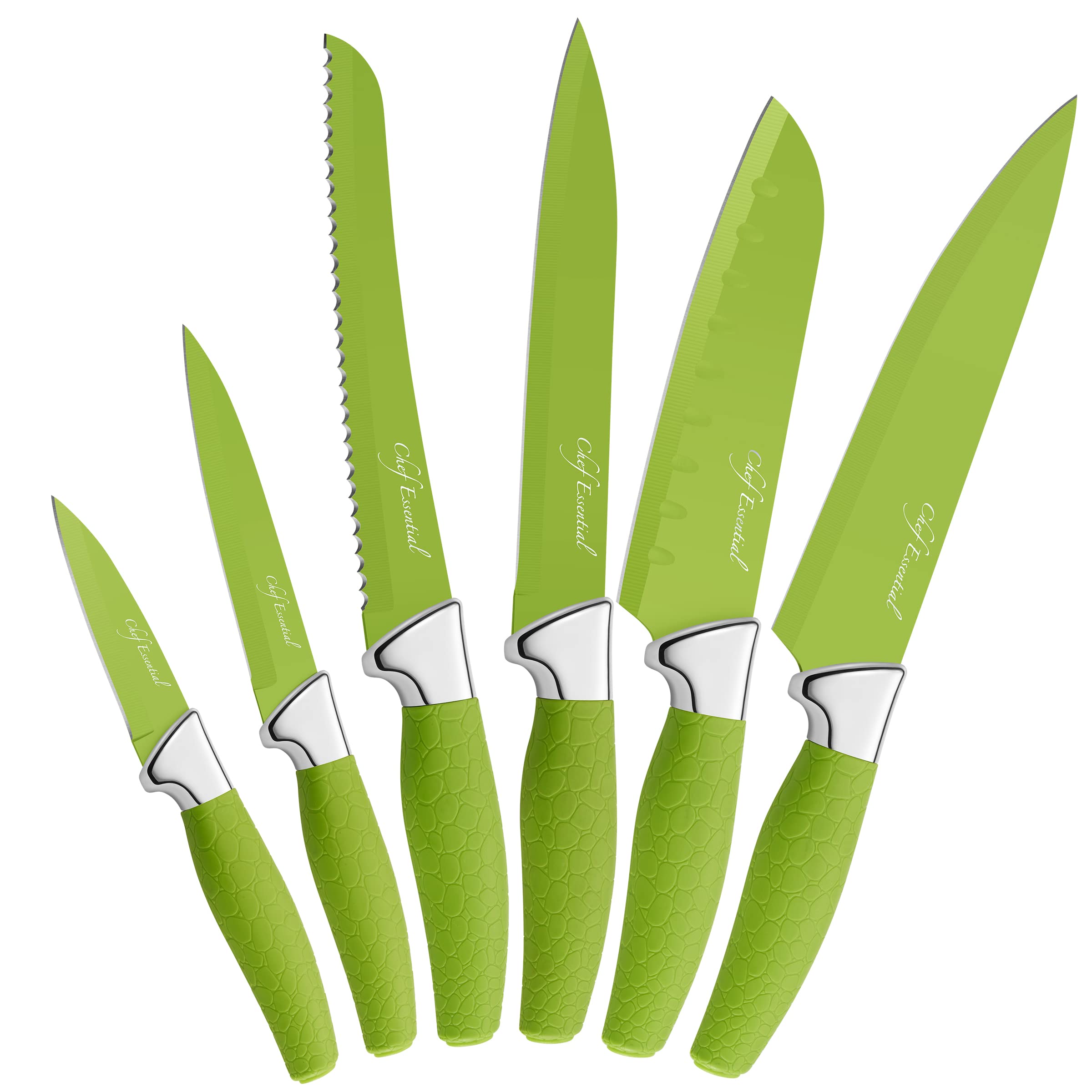 Chef Essential 6-Piece Carbon Steel Knife Set - Professional Sharp Kitchen Knives for Meat, Vegetables & Bread - Nonstick Chef Knives for Cooking & Food Prep - Perfect for Home Chefs & Culinary Enthusiasts