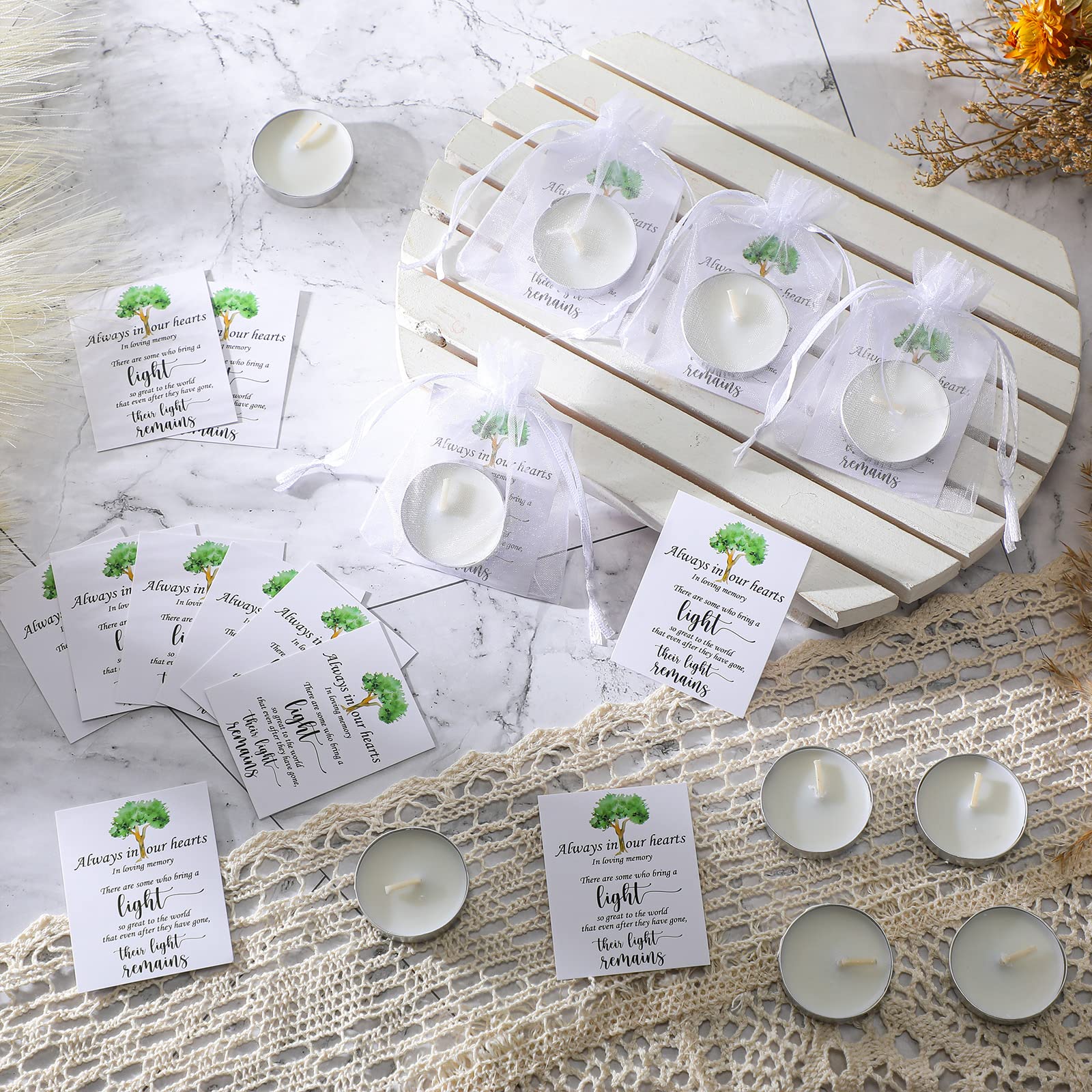 50-Pack Memorial White Unscented Tealight Candles with Condolence Cards & Organza Bags - Funeral Party Favors, Sympathy Gifts for Celebration of Life Decorations - Perfect for Memorial Services, Candlelight Vigils & Remembrance Events