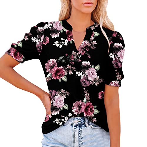 Women's V-Neck Puff Short Sleeve T-Shirt - Summer Casual Loose Fit Tunic Top for Women | Perfect for Beach, Office & Everyday Wear