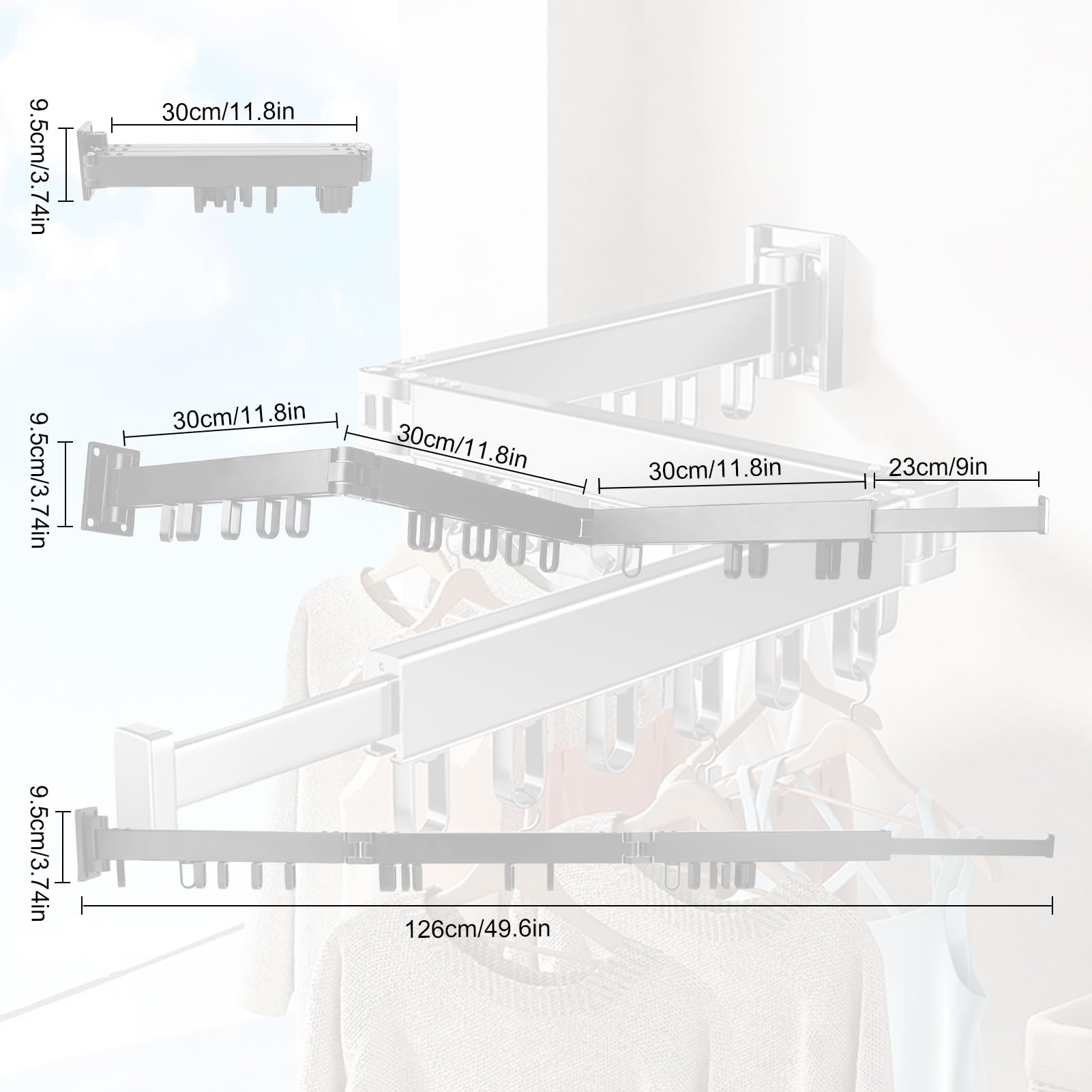 Wall Mounted Clothes Drying Rack - Foldable Tri-Fold Laundry Rack for Home & Balcony - Space Saving Aluminum Drying Rack for Clothes, Towels & Linens (Black) - Perfect for Small Apartments, Dorms & Laundry Rooms