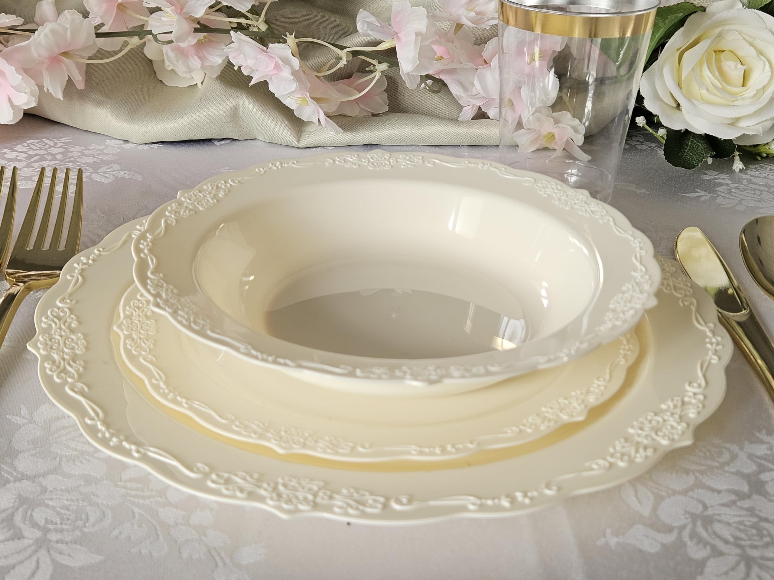 240-Pack Disposable Plastic Plates - 10 Inch Ivory Dinner Plates for Weddings, Parties & Events | Elegant Verona Plain Design | Bulk Disposable Tableware for Catering, BBQs & Special Occasions