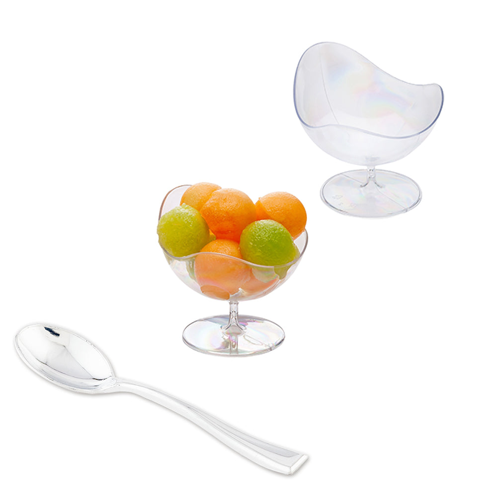 100 Pack 2 oz Clear Plastic Round Ball Chairs with 100 Silver Mini Plastic Spoons for Party Favors, Wedding Decorations, and DIY Crafts