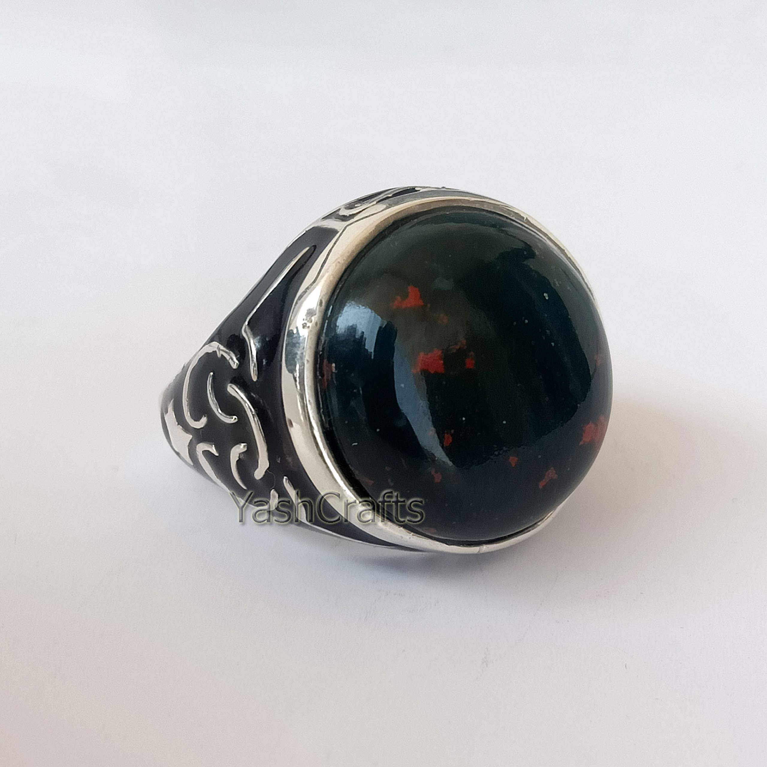 Men's Bloodstone Ring - 925 Sterling Silver Statement Ring with Natural Round Cabochon Gemstone, Arabic Style Handmade Jewelry, Perfect Gift for Men, Ideal for Weddings, Parties, and Special Occasions