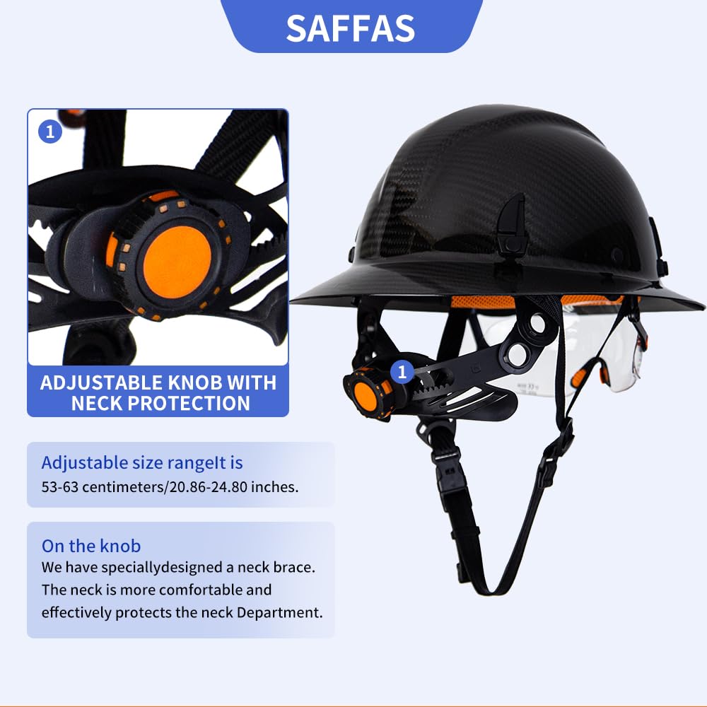 Carbon Fiber Full Brim Hard Hat Safety Helmet with Goggles & Adjustable 6-Point Suspension - OSHA Approved for Construction, Mining & Industrial Work | Includes Leather Chin Strap & Neck Protection