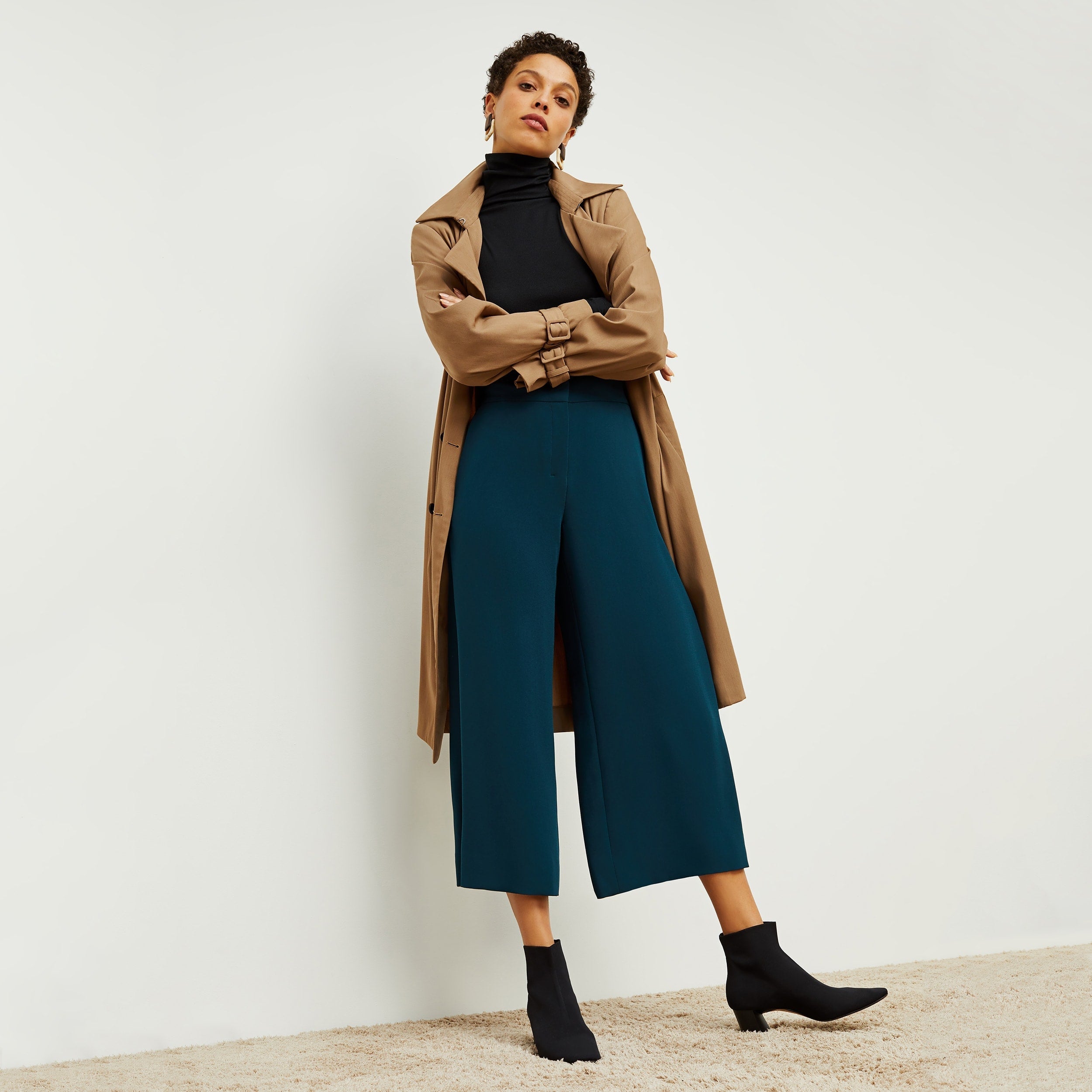 Zhou Culotte Women's High Waist Wide Leg Pants - Heavy Crepe Fabric - Rainforest Print - Elegant & Comfortable for Work, Travel & Casual Wear