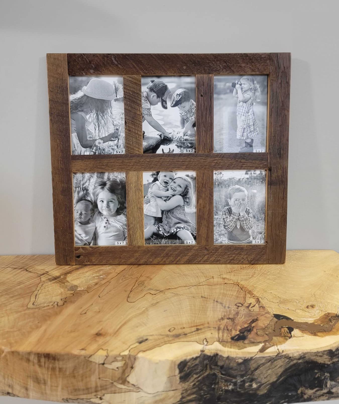Rustic Reclaimed Barnwood Multi-Opening Photo Frame - Holds Six 5x7 Pictures - Floating Wall Collage Frame for Home & Office Decor - Perfect for Family Photos, Wedding Memories, and Gallery Walls