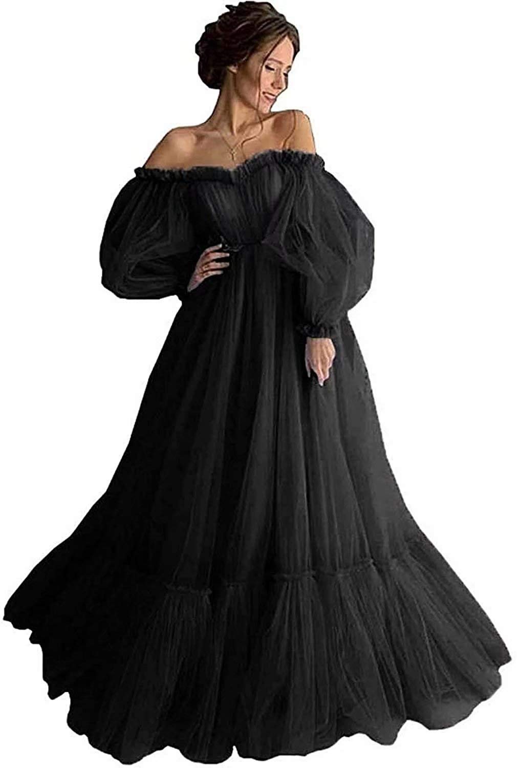 Elegant Off Shoulder Long Ruffle Sweetheart Tulle Ball Gown with Puffy Sleeves - Women's Prom Dress for Formal Events, Weddings & Evening Parties