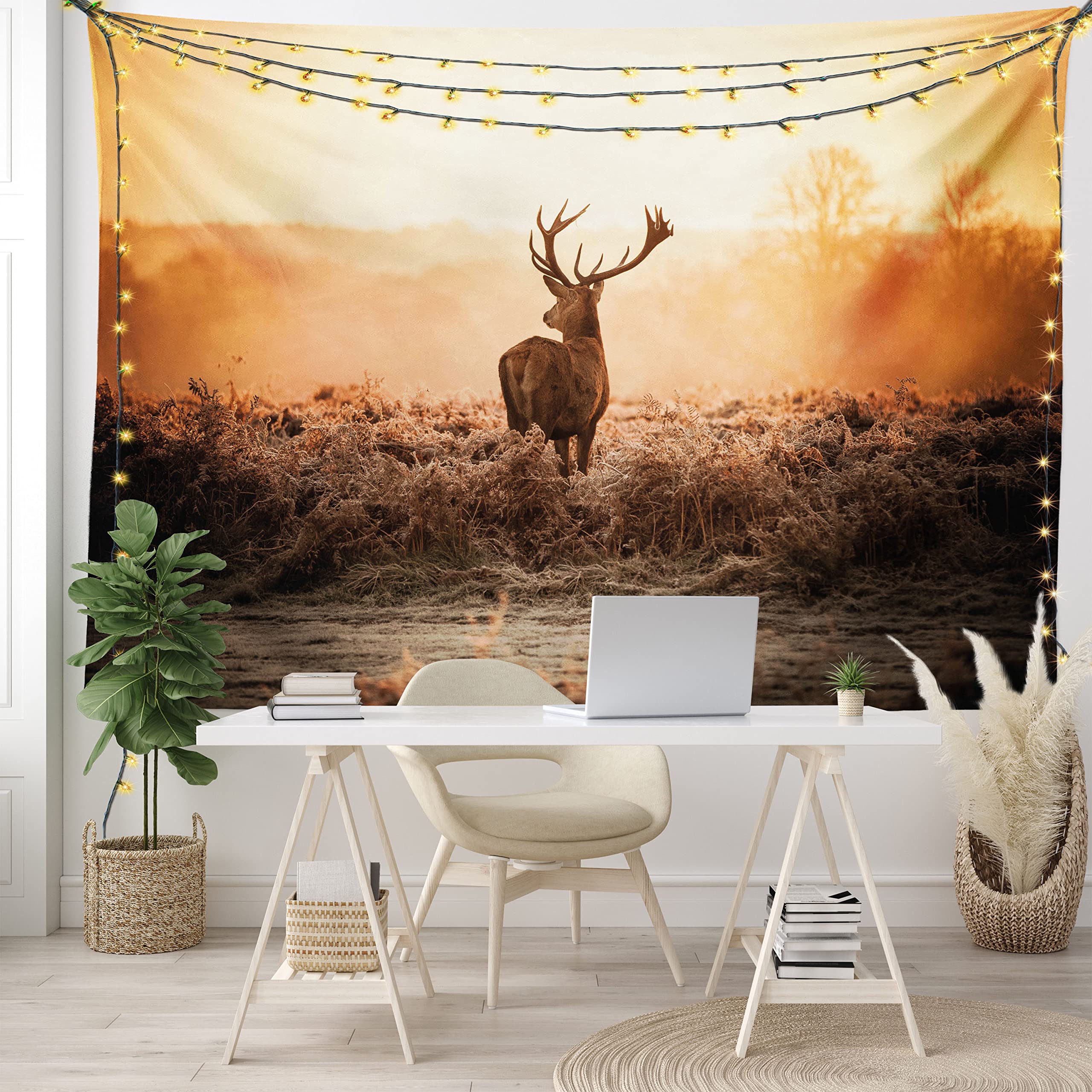 Ambesonne Hunting Tapestry - Red Deer in Morning Sun Wilderness Nature Scenery Wall Hanging Decor for Bedroom, Living Room & Dorm (45x30 inches, Brown Orange) | Perfect for Cabin, Lodge, Hunting Cabin & Rustic Home Decor