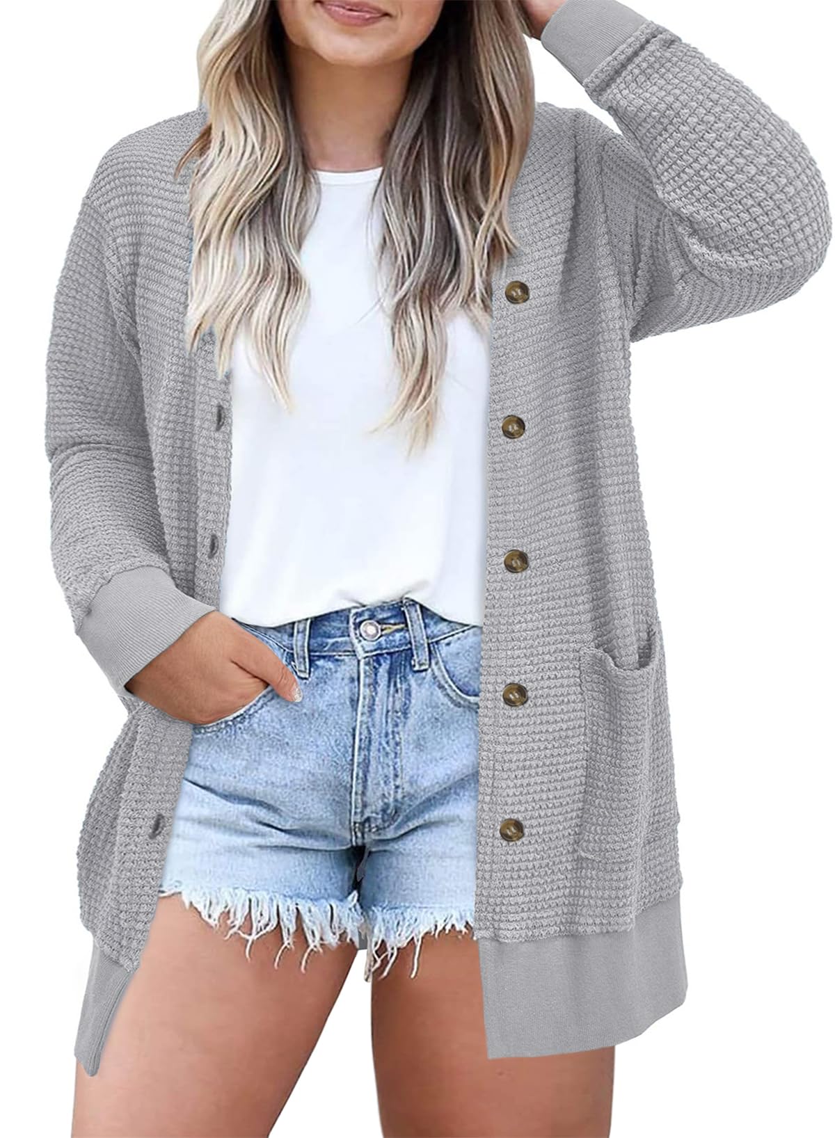 Eytino Women's Plus Size Waffle Knit Cardigan - Long Sleeve Button Front Casual Sweater (1X-5X) for Work, Office & Fall Layering