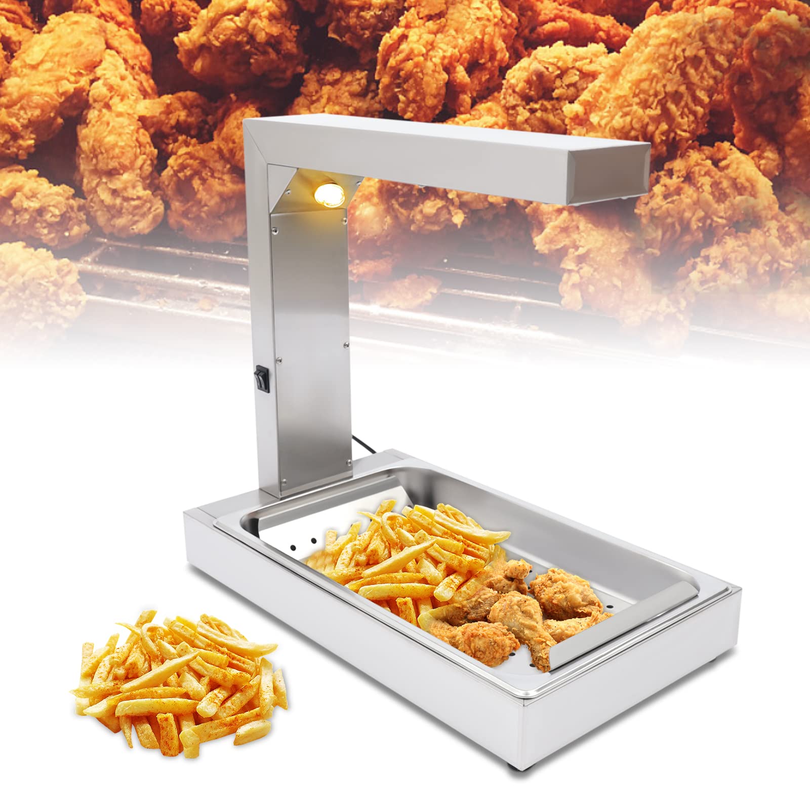 110V Commercial French Fry Warmer & Heat Lamp - Stainless Steel Food Warmer with Detachable Drip Pan - Perfect for Restaurants, Food Trucks & Cafes - Keep Fried Chicken, Chips, Churros & Snacks Warm & Crispy