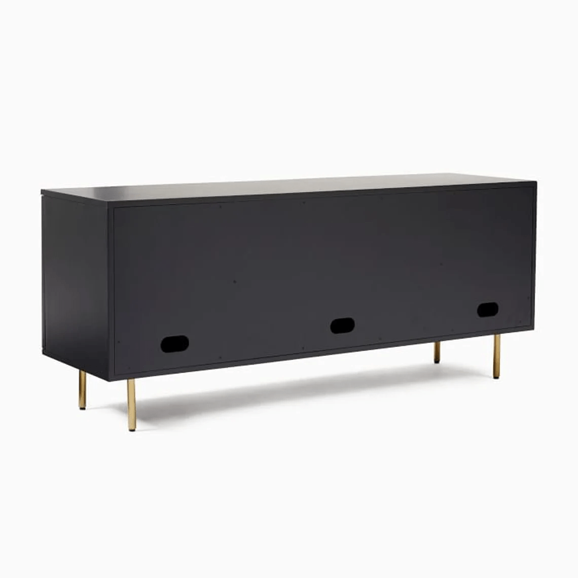 Solid Wood & Woven Black Media Console with Gold Metal Base - Modern Indian Cane TV Stand for Living Room | Entertainment Center with Storage Shelves | Perfect for Home Theater Setup & Living Room Organization