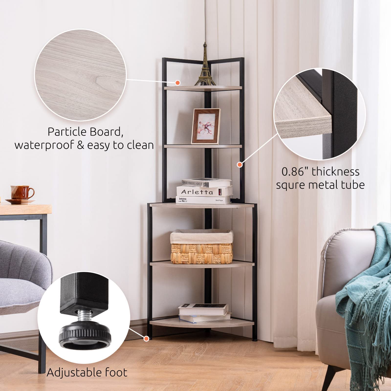 Apicizon 5-Tier Industrial Corner Bookshelf - Metal Frame Rustic Storage Shelf for Home Office, Kitchen & Small Spaces | Display Plants, Flowers & Books | Durable Grey Corner Shelving Unit for Living Room, Bedroom & Workspace