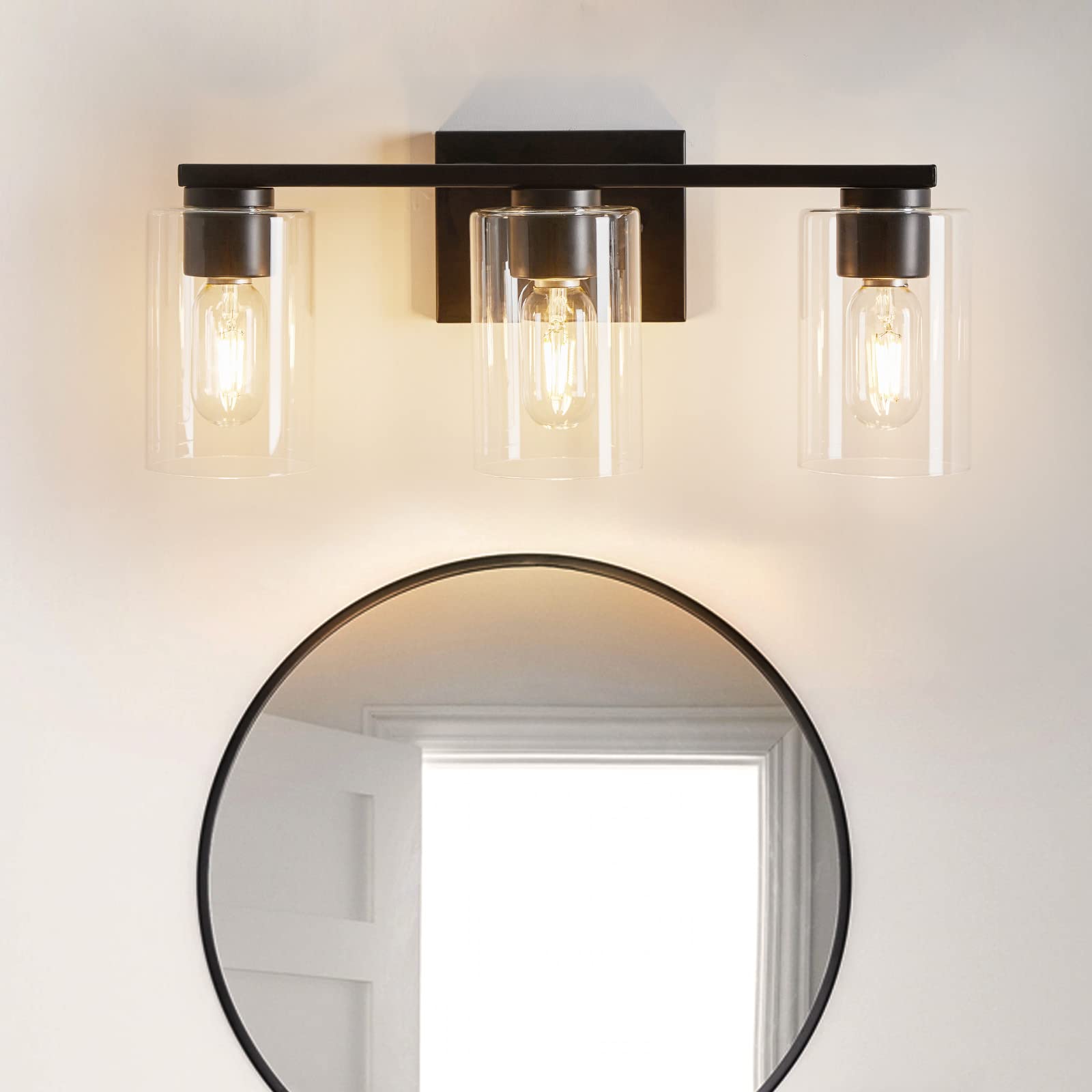 Black Bathroom Vanity Light Fixture with Clear Glass Shades - 3-Light Metal Vanity Lighting for Bathroom, Living Room, Bedroom & Hallway (E26 Base) - Perfect for Modern Home Decor & Spa-Like Ambiance