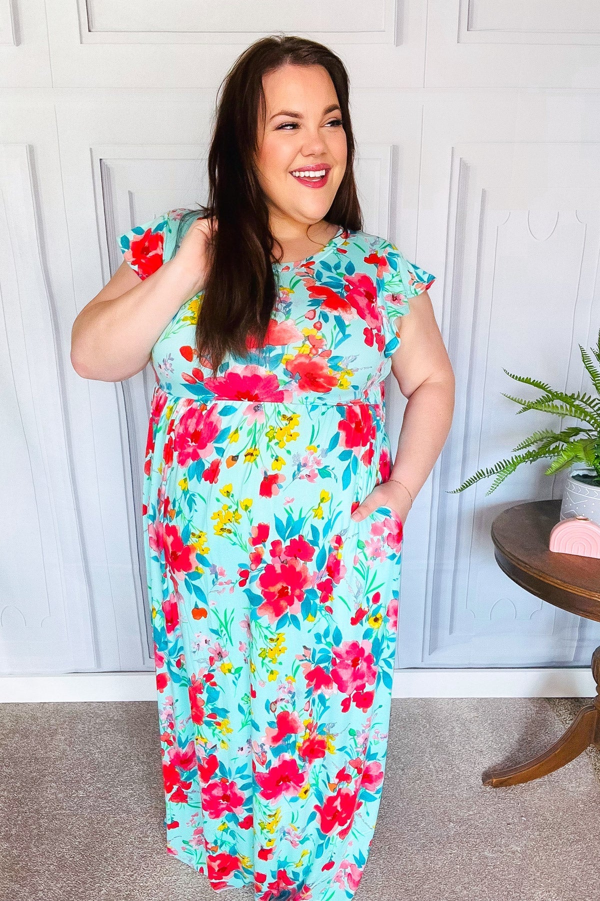 Aqua Floral Fit & Flare Maxi Dress for Women - Summer Beach Wedding Party Dress - Flowy Long Dress with V-Neck & Ruffle Hem