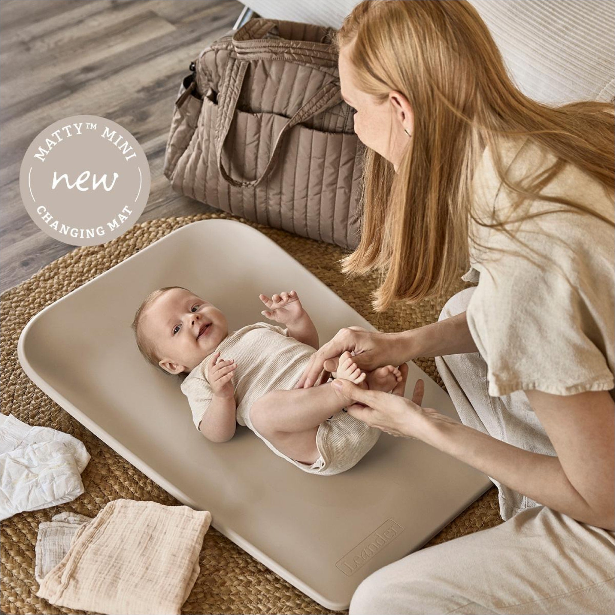 LEANDER Matty Mini Changing Pad - Portable Baby Changing Mat for Diaper Bags, Soft & Waterproof (Cappuccino) | Perfect for Travel, Nursery & On-the-Go Parents