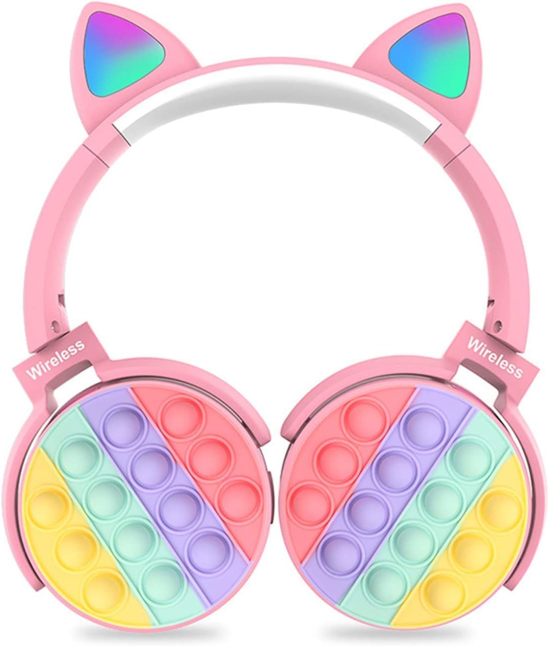Wireless Bluetooth Headphones with Microphone - Rechargeable On-Ear Headset with Fidget Pop Bubbles, Powerful Stereo Bass & Noise Cancelling - Perfect for Gaming, Work Calls & Stress Relief (Pink Cat Design)