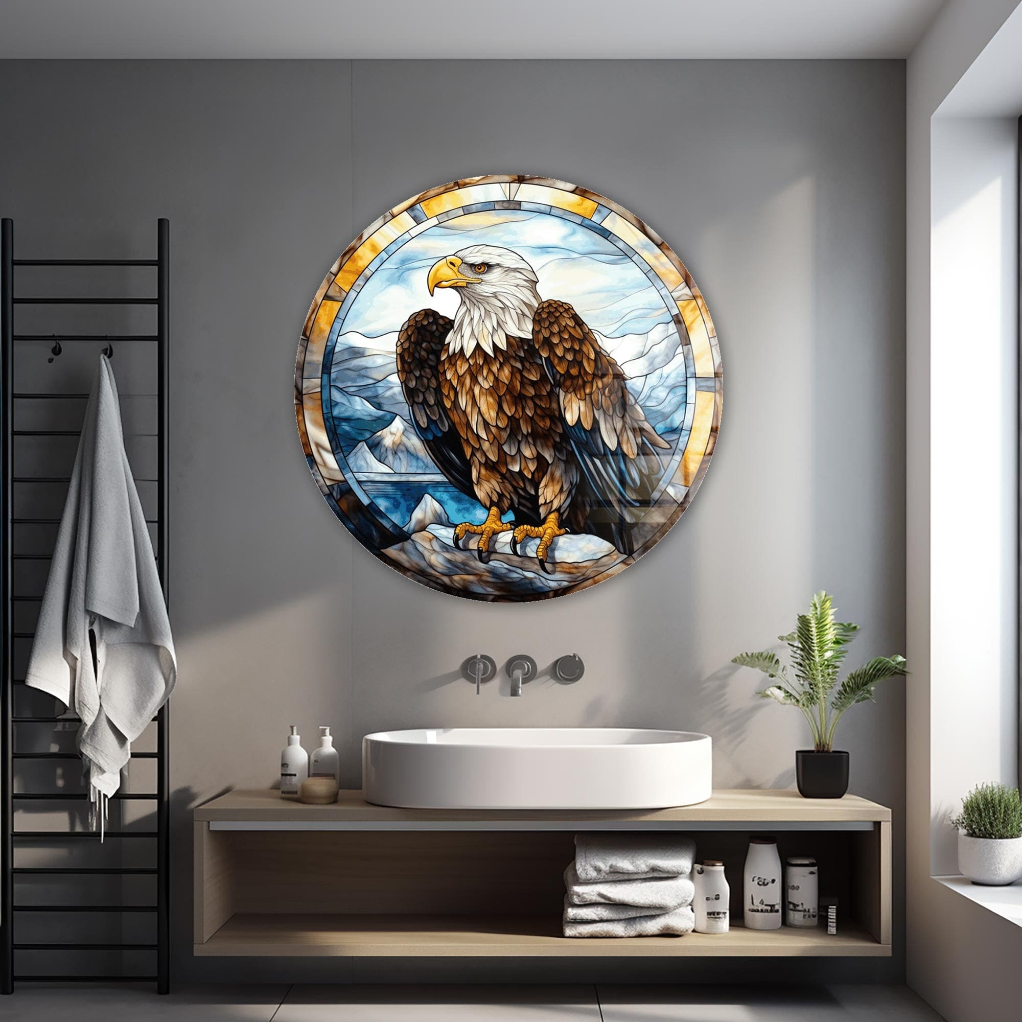 Stained Eagle III Rounded Glass Wall Art - Handcrafted Modern Home Decor for Living Room, Bedroom & Office