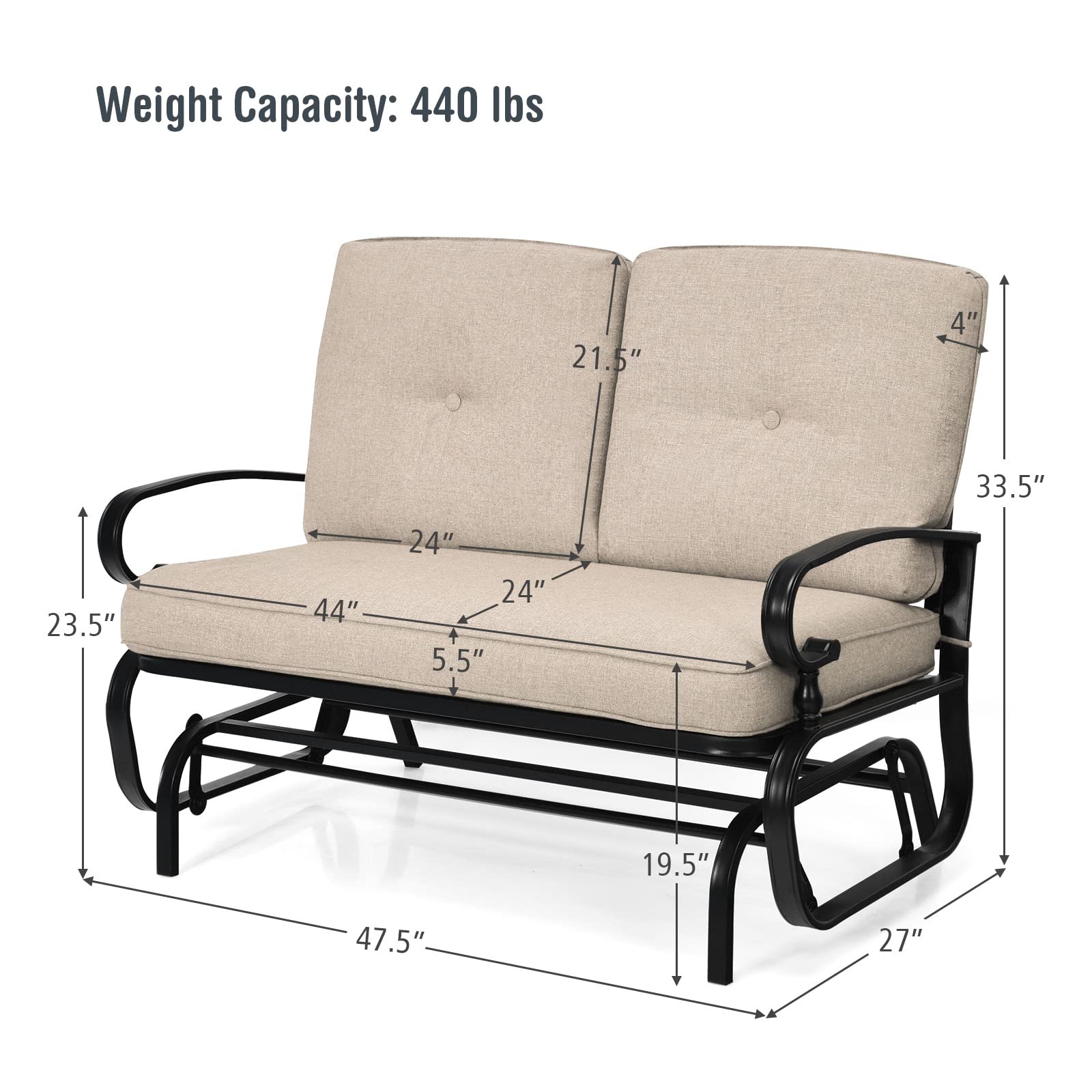 Giantex Outdoor Glider Bench - 2 Person Patio Loveseat with Removable Cushion & Thick Padded Seat, Durable Steel Frame Glider Swing Chair for Deck, Garden, Poolside, Yard, Balcony, Porch - Perfect for Relaxing & Enjoying Outdoor Moments (Beige)
