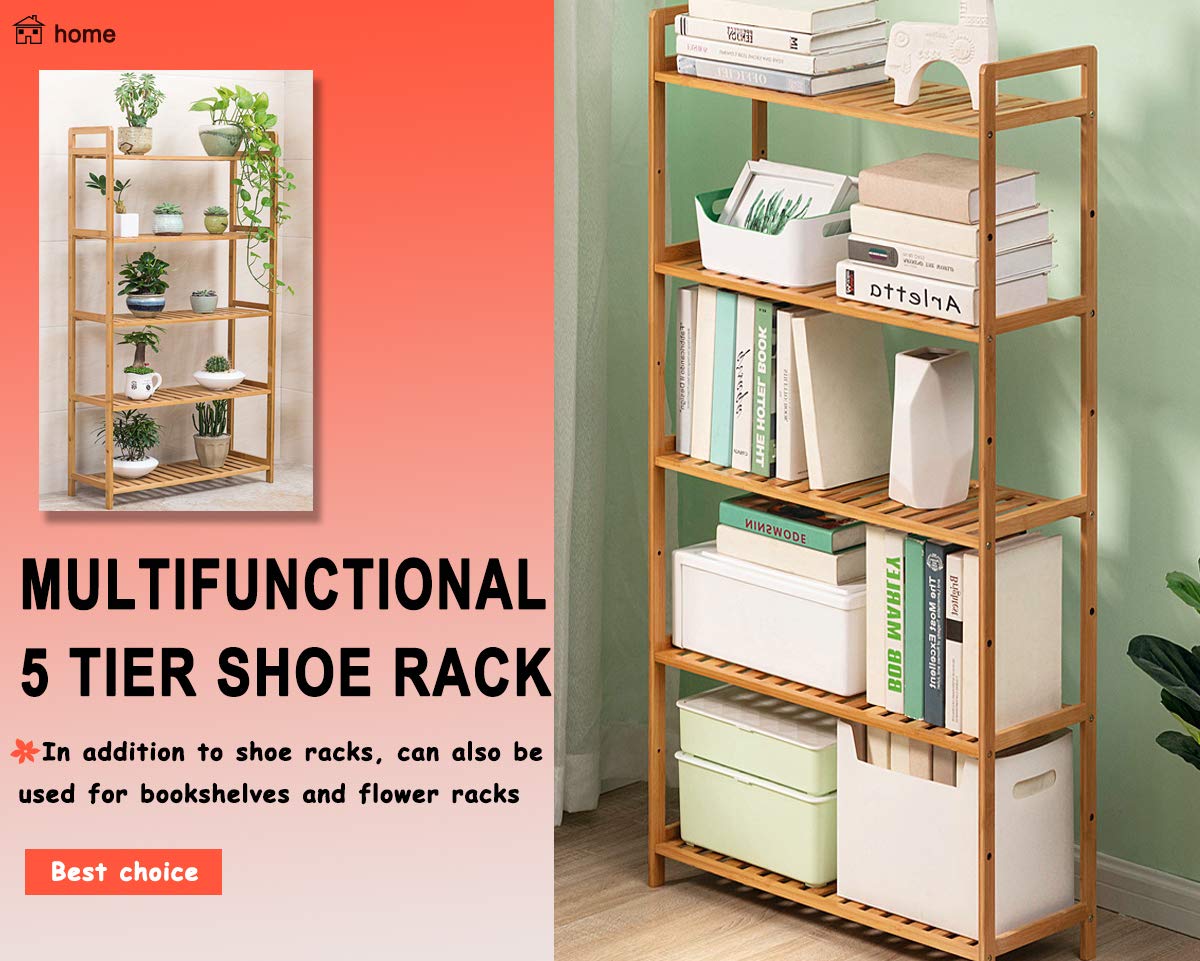 5 Tier Shoe Rack Organizer - Adjustable Wooden Boot Shelf for Women & Men - Bamboo Entryway Shoe Storage (Holds 16-20 Pairs) - Easy Assembly DIY Shoe Organizer for Closet, Bedroom & Hallway