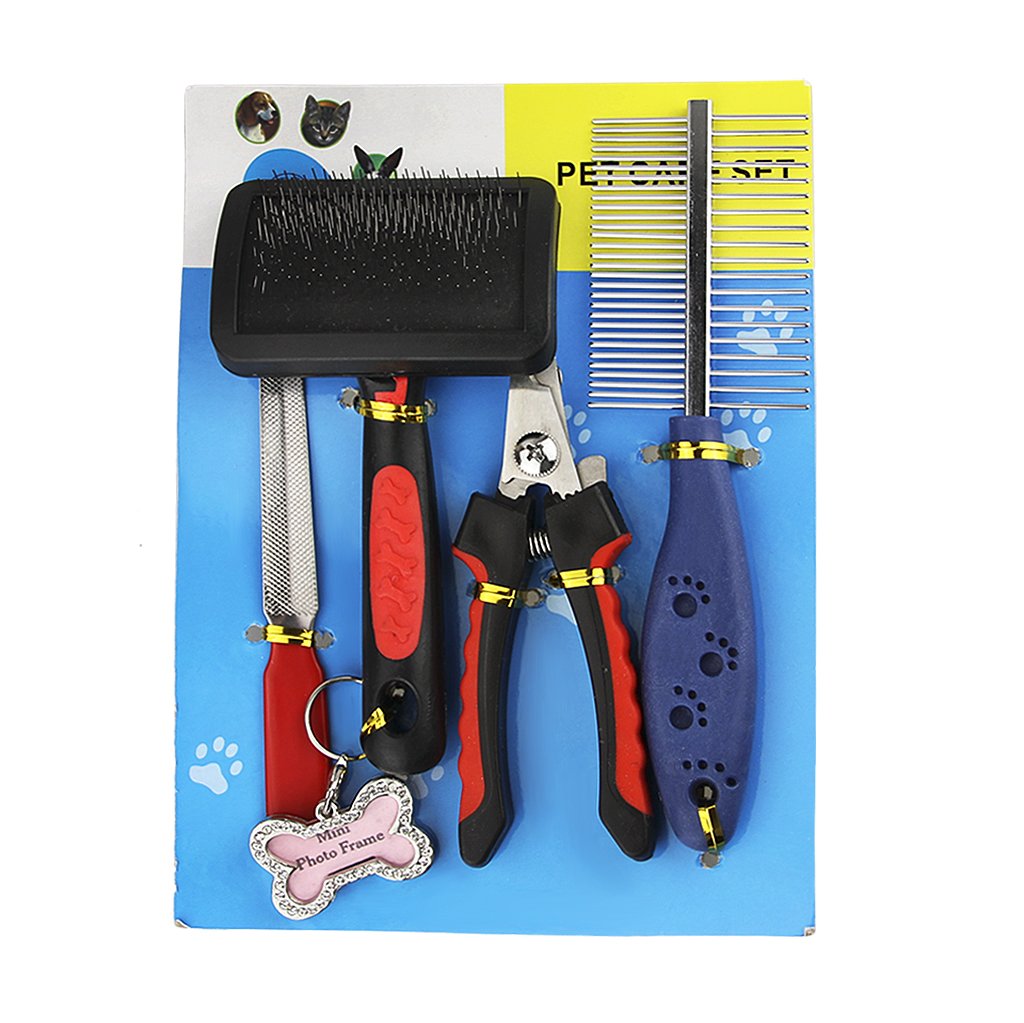 BXT 5-Piece Pet Grooming Kit - Stainless Steel Comb, Brush & Nail Clippers for Dogs & Cats - Home Grooming Essentials
