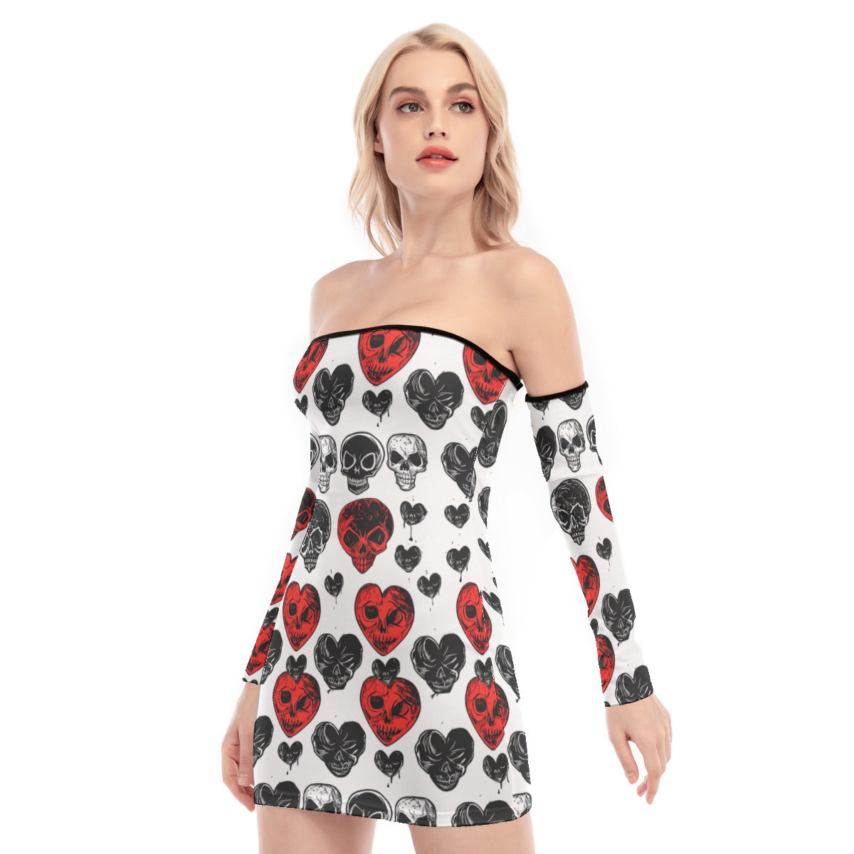 Happy Little Skulls Off Shoulder Back Lace Up Dress - Gothic Boho Style Women's Party Dress for Concerts, Halloween & Date Nights