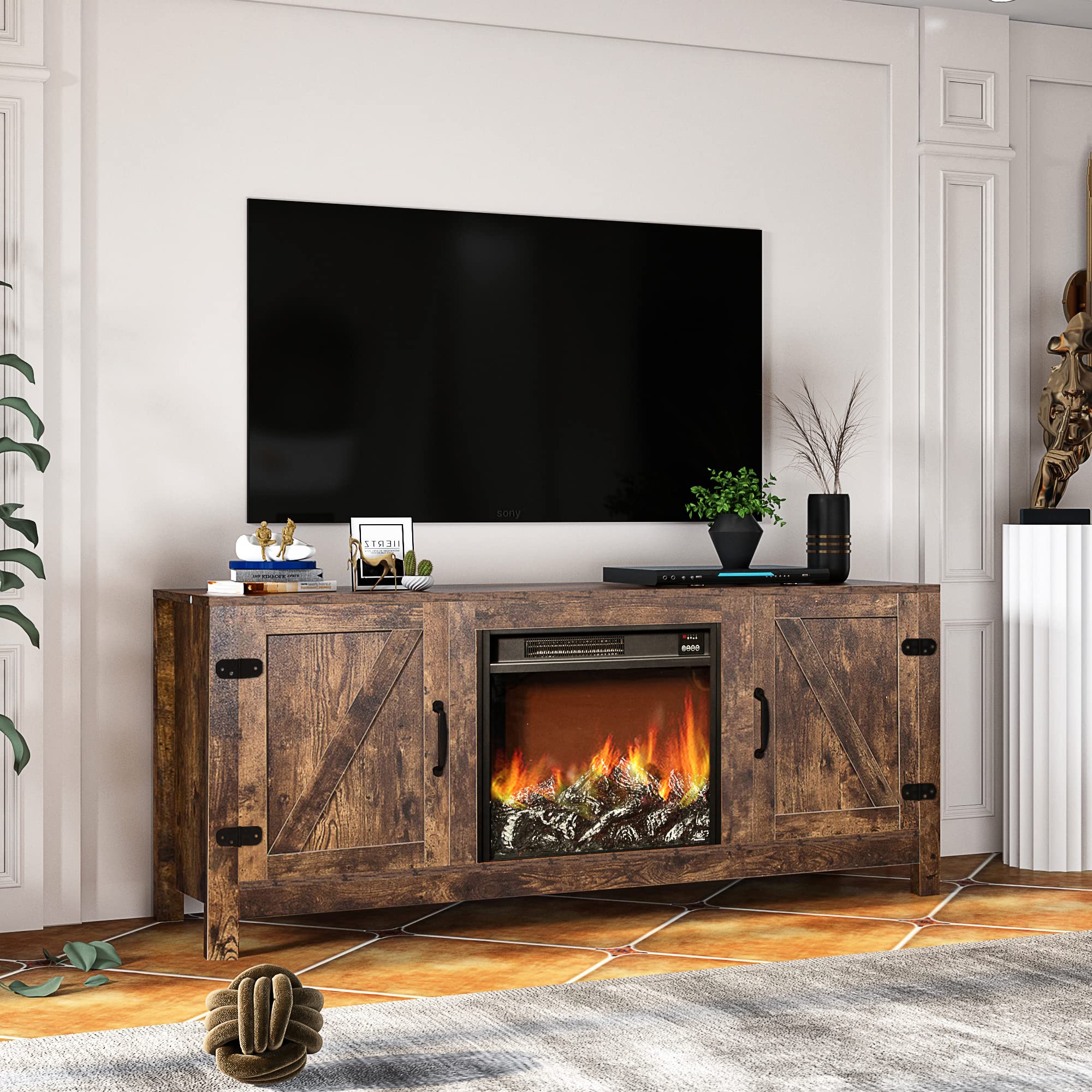 Rustic Wood TV Stand with Electric Fireplace - 4088BTU 120V 60Hz Entertainment Center for 30-65 Inch TVs, Media Console with Storage for Living Room, Bedroom & Office