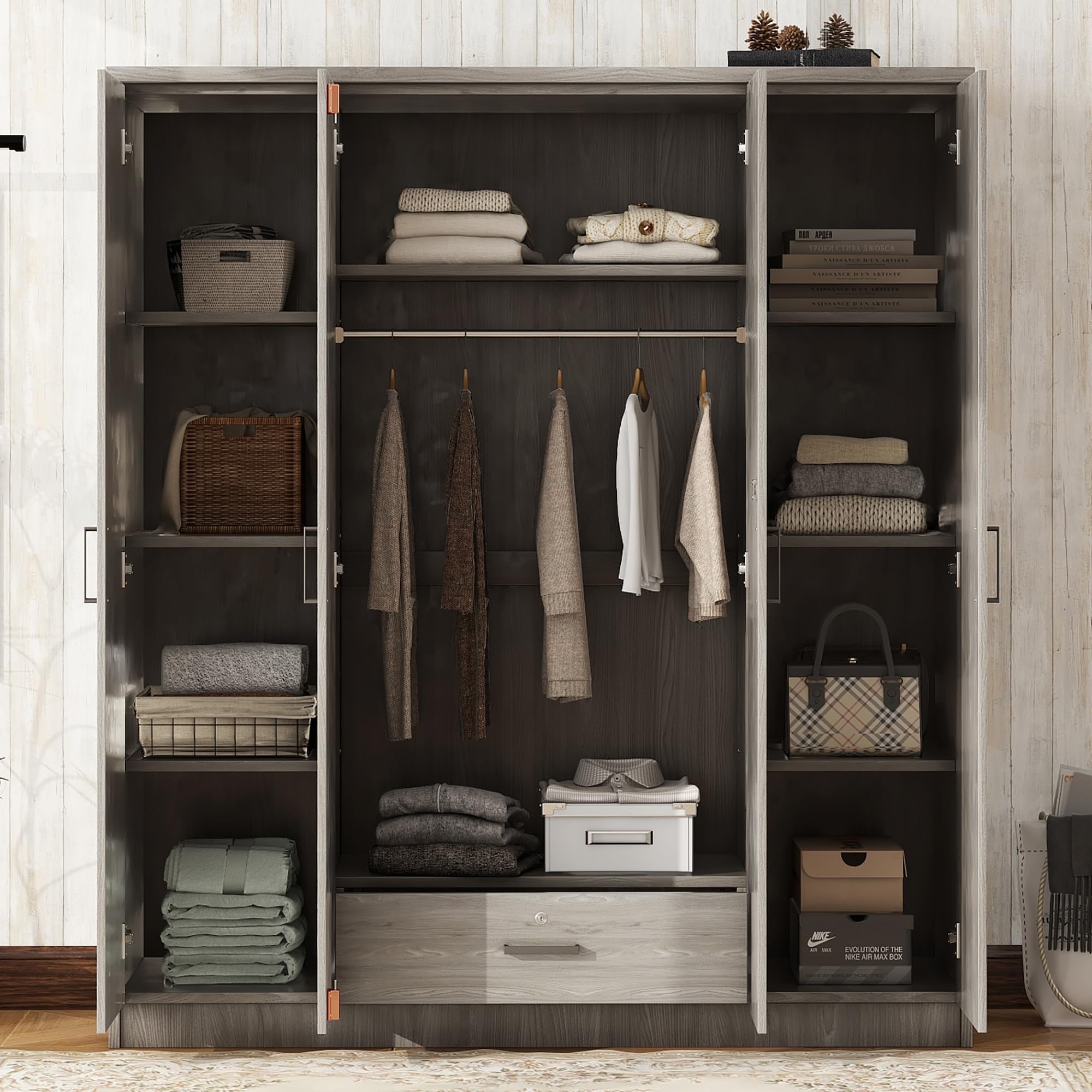 Quarte 4-Door Wardrobe with Drawers, Shelves & Hanging Rail - Freestanding Armoire Closet for Bedroom, Clothes Storage Cabinet Organizer - Perfect for Home, Apartment, Dorm Room Organization