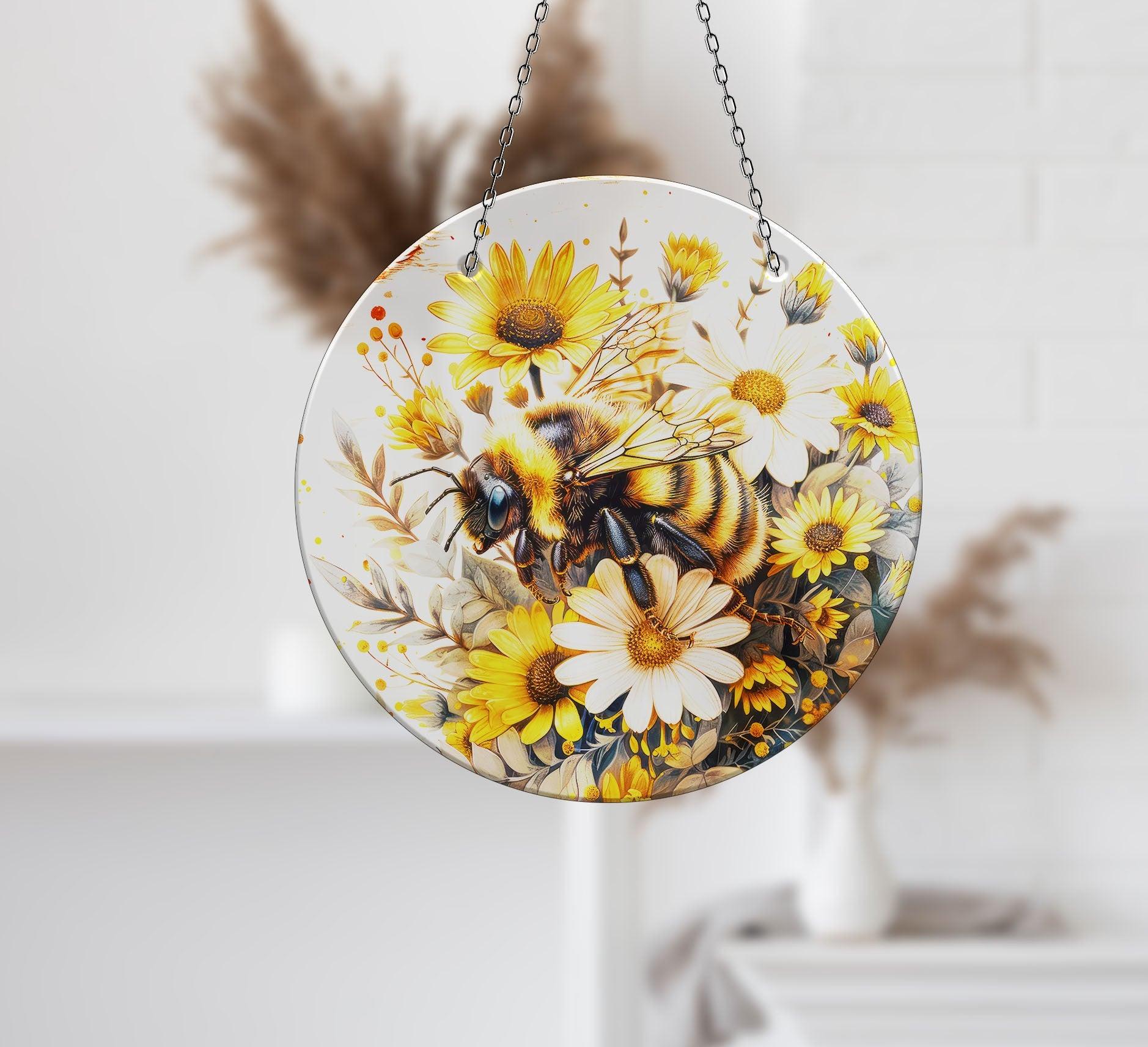 Bee & Daisies Stained Glass Suncatcher - Handmade Window Decor for Home, Office, Garden - Perfect for Gifts, Wedding Decorations & Boho Style Rooms
