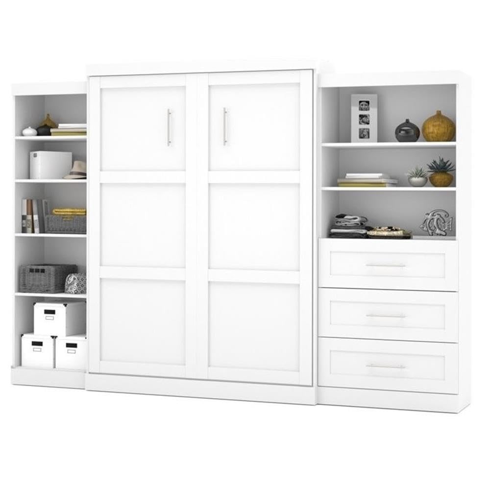 Pemberly Row Transitional Wood Queen Wall Bed with Storage in White - Space-Saving Murphy Bed for Small Apartments, Guest Rooms & Home Offices
