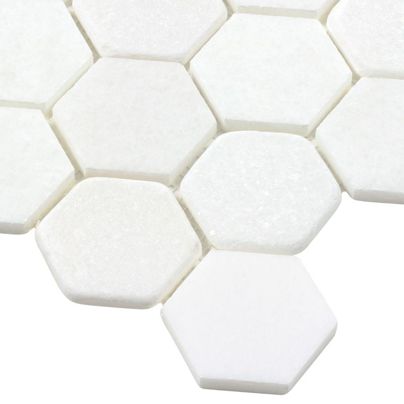 Hexagon Prime Stone Mosaic Tile - White Marble Bathroom Wall & Floor Tile for Kitchen Backsplash, Shower, and Pool Design