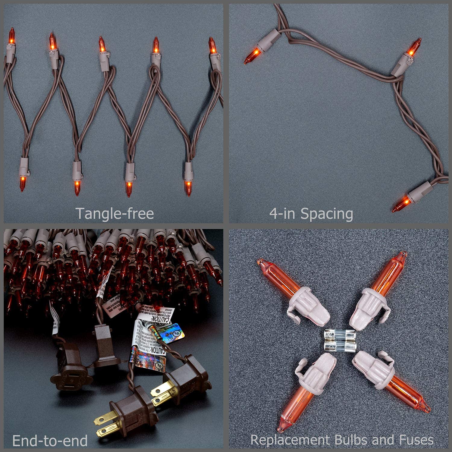 YULETIME 66ft 200-Count Orange Christmas Lights with Brown Wire - UL Certified String Lights, Pack of 2 (33ft 100-Count Each) - Warm Amber Incandescent Mini Lights for Indoor/Outdoor Holiday Decorations, Christmas Trees, Parties & Winter Festivals