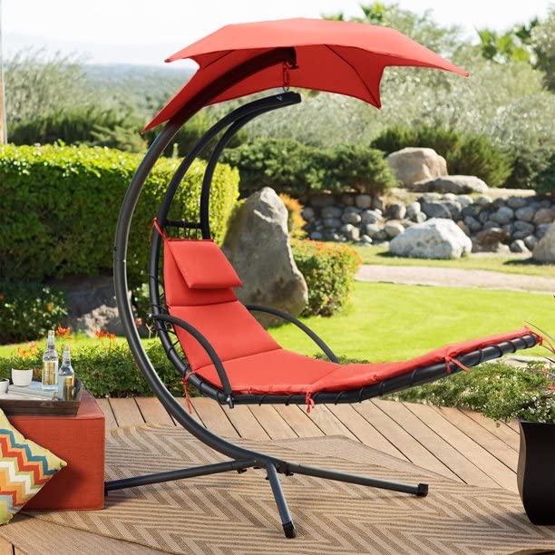 Outdoor Hanging Curved Chaise Lounge Chair - Patio Swinging Hammock with Pillow, Canopy & Stand - Perfect for Backyard, Garden, Poolside Relaxation (Red)