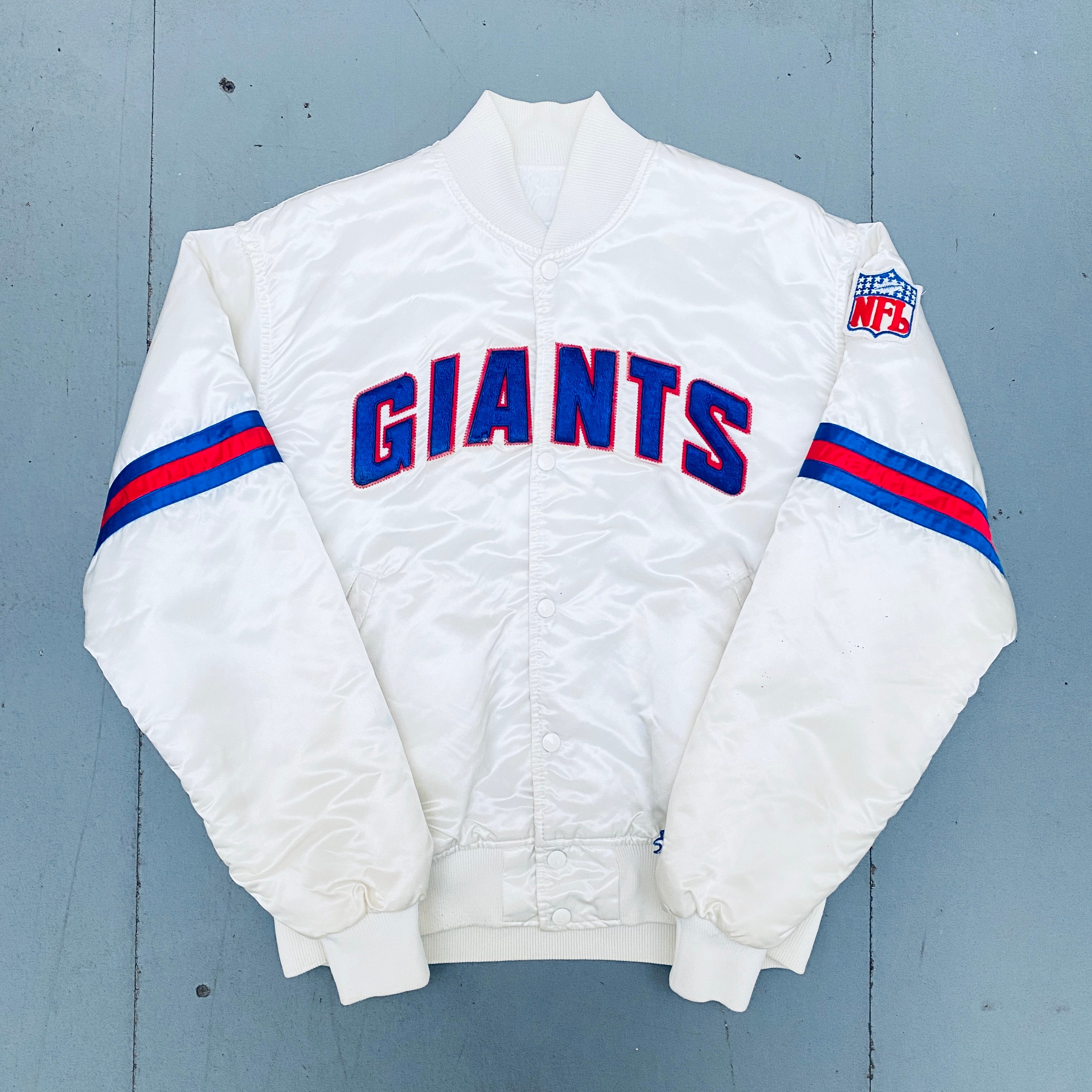 Vintage 1980s New York Giants Satin White Spellout Starter Bomber Jacket - Size Large | Retro NFL Fan Apparel for Game Day & Streetwear Fashion