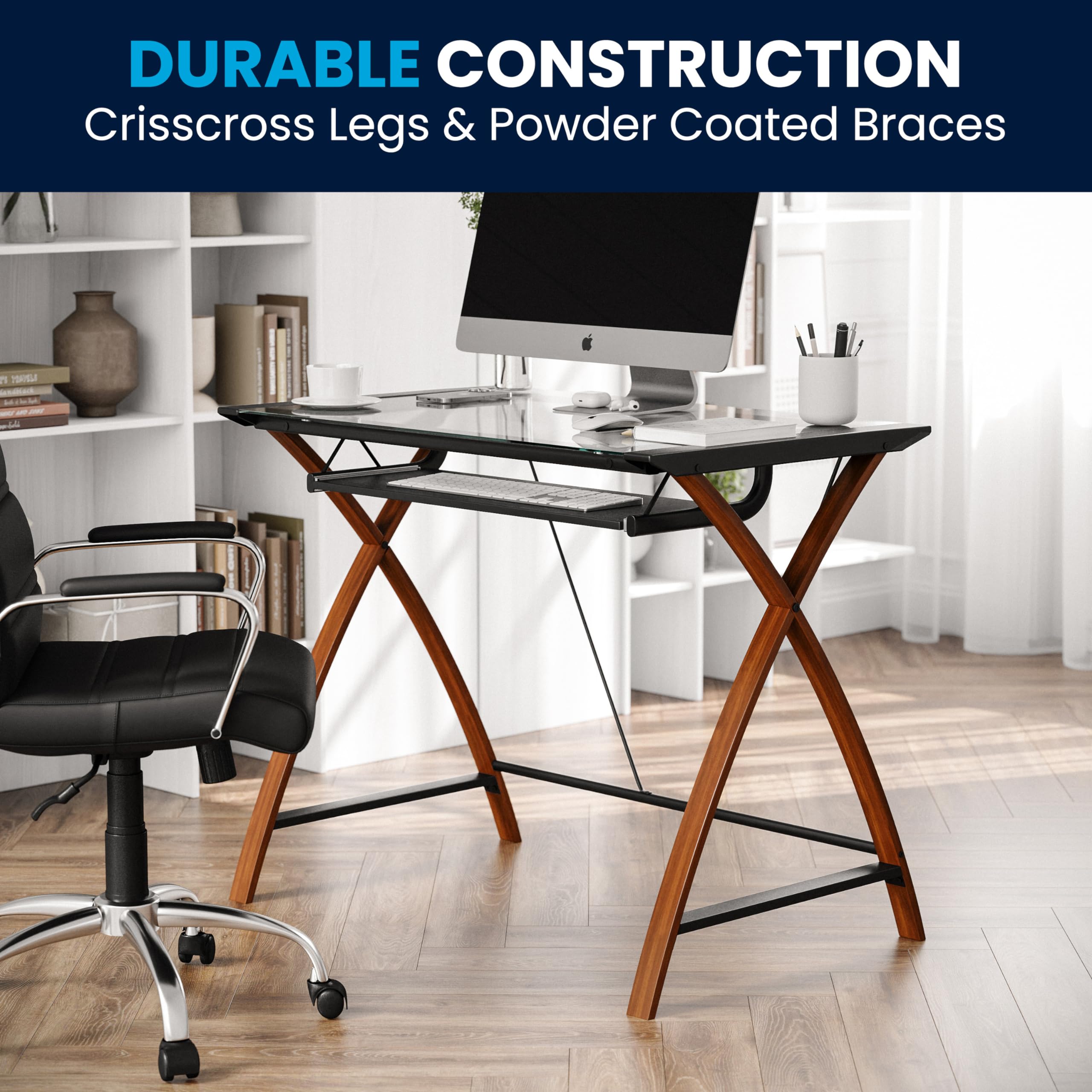 Flash Furniture Jude Tempered Glass Computer Desk with Pull-Out Keyboard Tray & Sturdy Crisscross Frame - Compact Home Office Desk in Cherry/Clear Finish - Perfect for Small Spaces, Gaming & Remote Work
