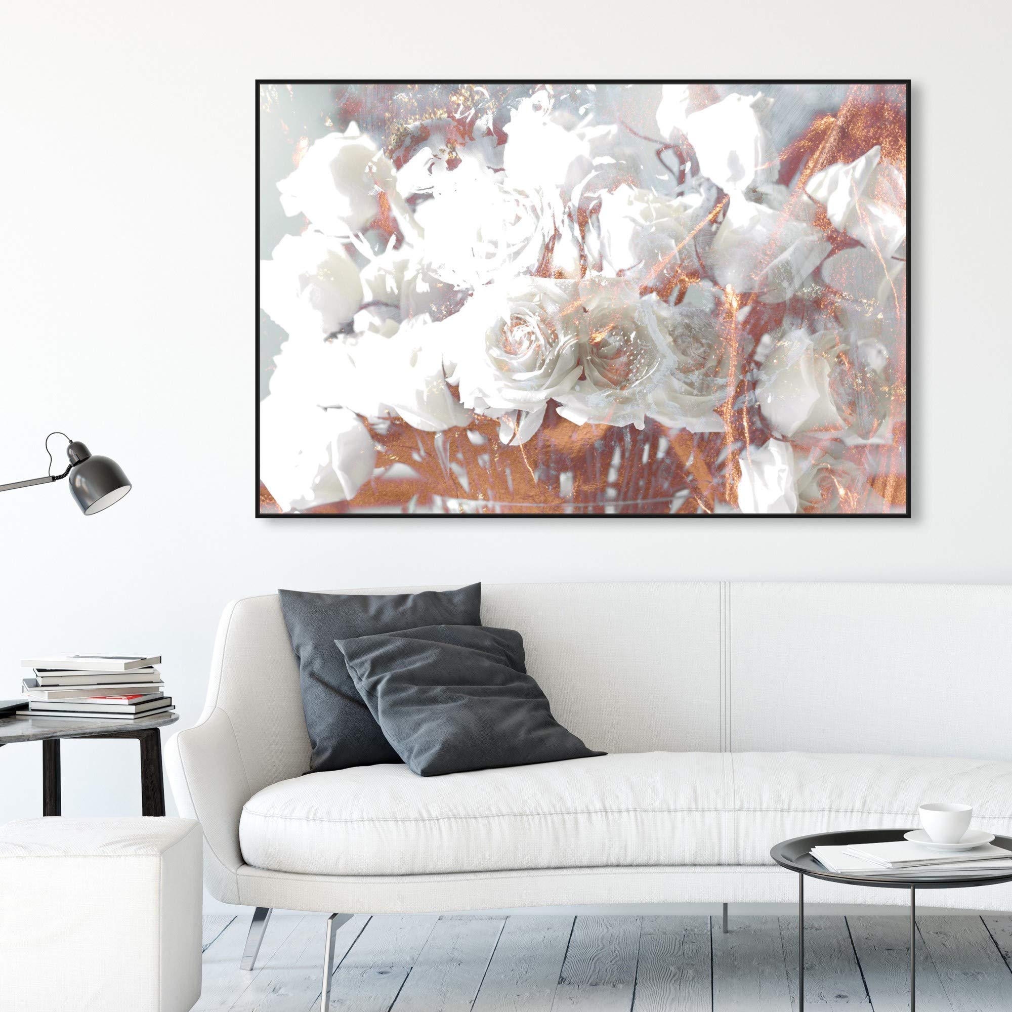 Rose Gold Feast Floral & Botanical Wall Art Canvas Print - 54x36 Inches, White & Gold Framed Decor for Living Room, Bedroom, or Office
