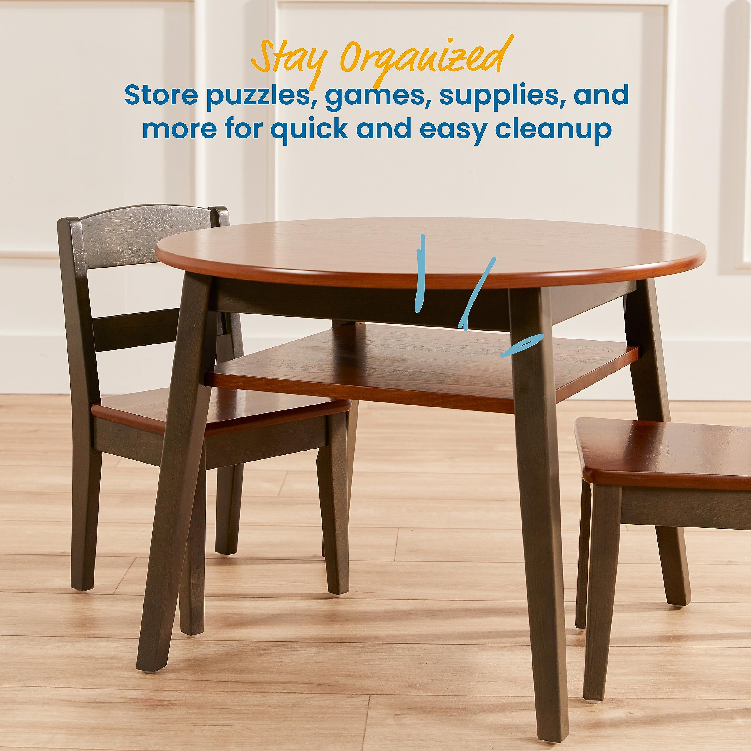 ECR4Kids Hideaway Table and Chair Set - 3-Piece Kids Furniture for Playroom, Classroom or Home - Dark Walnut & Grey Wash Wooden Study Desk with Foldable Chairs