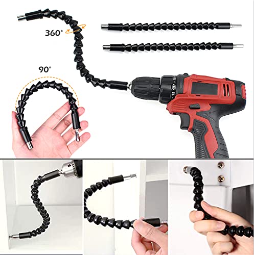Flexible Drill Bit Extension - 11.6 Inch Right Angle Drill Attachment with Screwdriver Bit Set | 1/4