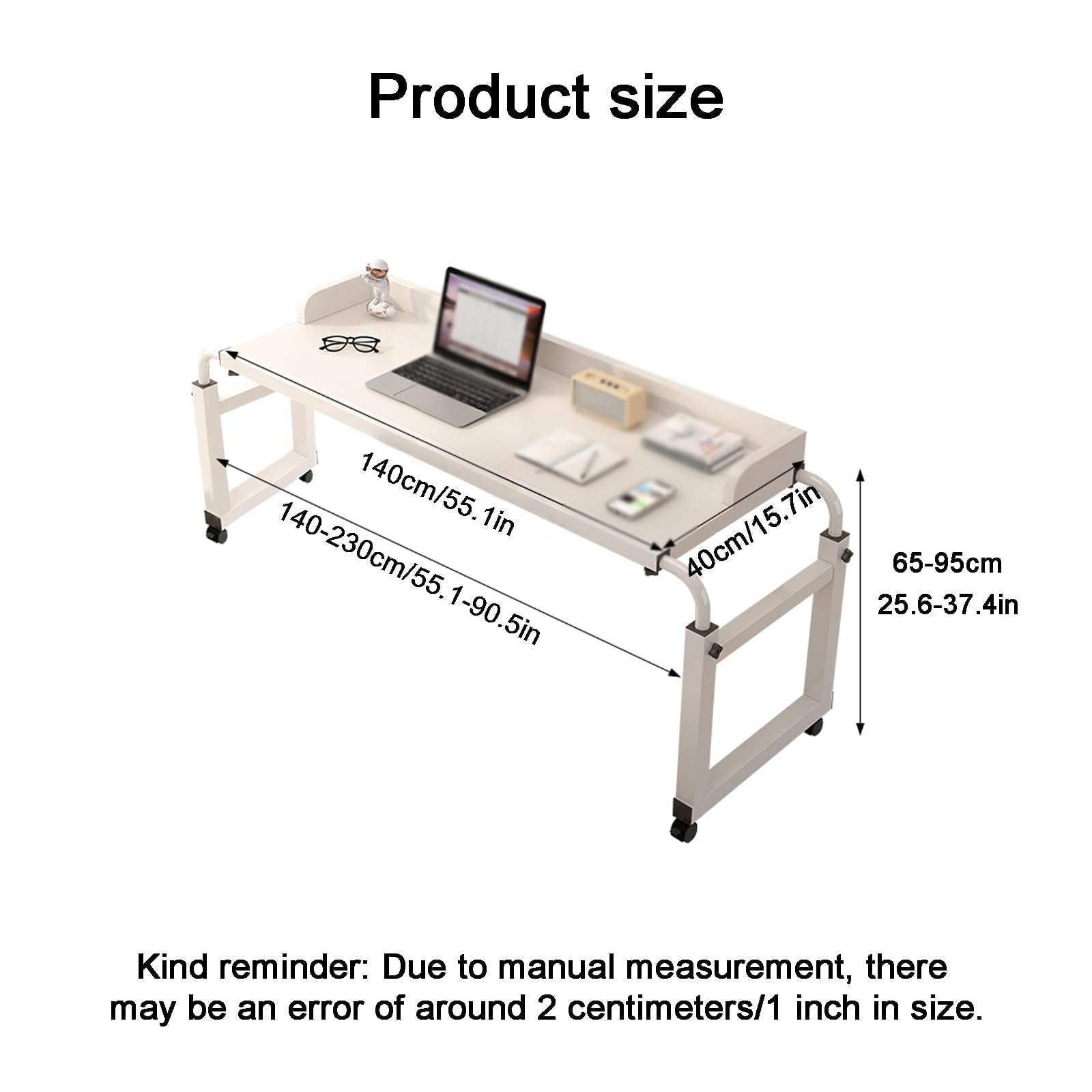 Adjustable Height Over Bed Table with Wheels - Mobile Cross-Bed Desk for King Size Beds (Black, 140cm/55.1in) - Perfect for Laptop Work, Reading, and Dining in Bed or Hospital Use