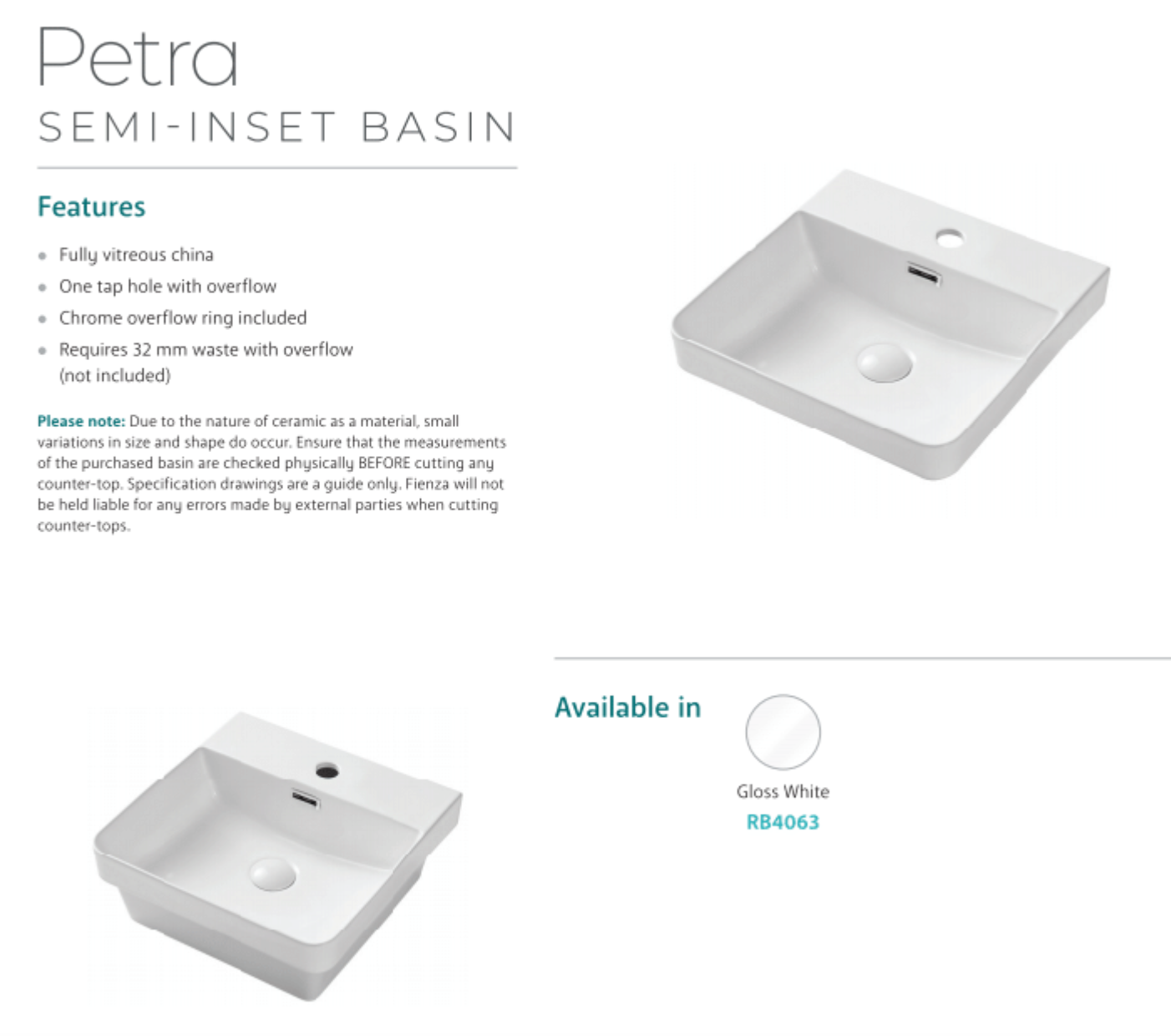 Fienza RB4063 Petra 1 Tap Hole Semi Inset Bathroom Sink in White - Perfect for Modern Vanities and Small Space Bathrooms