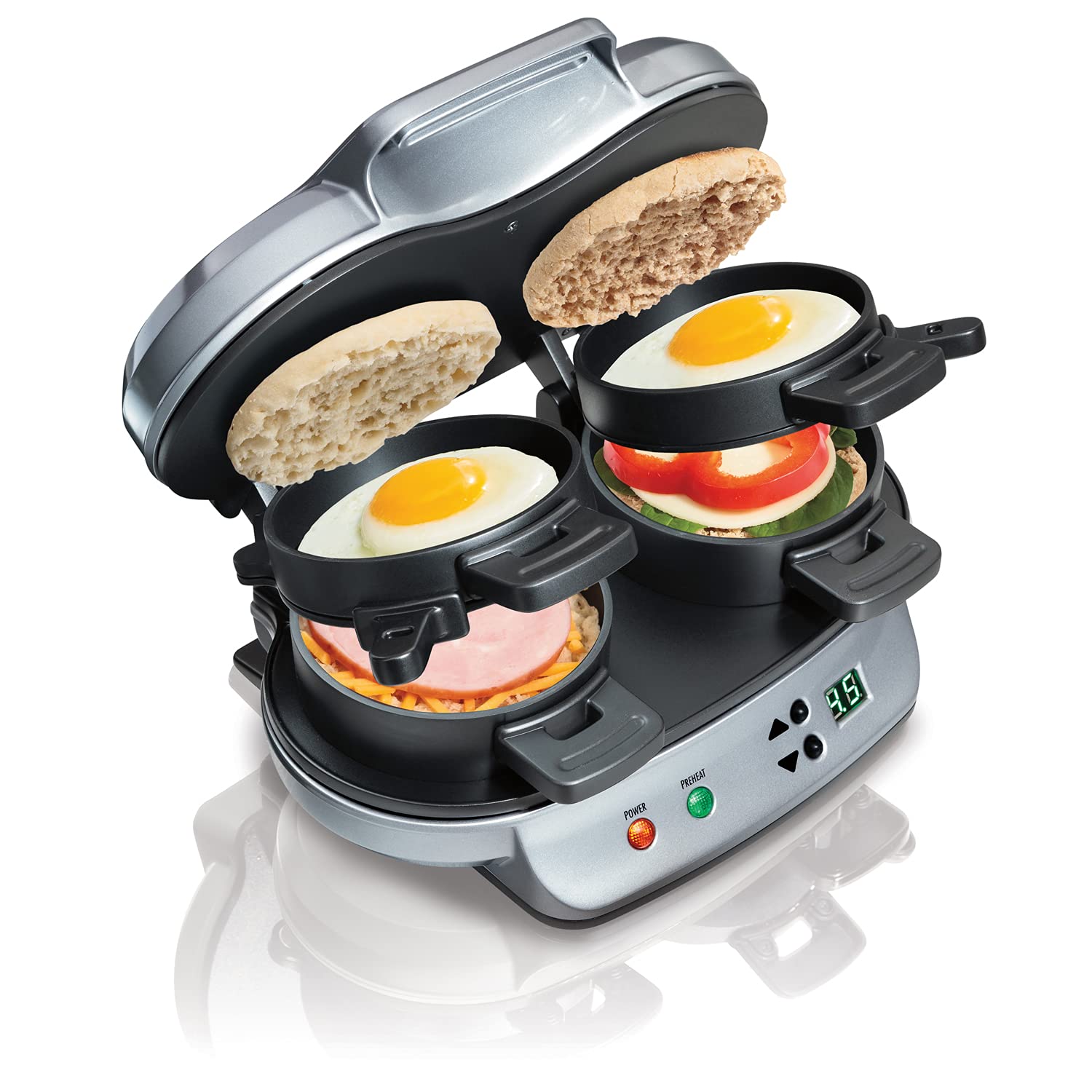 Hamilton Beach Dual Breakfast Sandwich Maker with Timer - Silver (25490) - Perfect for Quick Breakfast, Sandwiches & Paninis at Home or Office