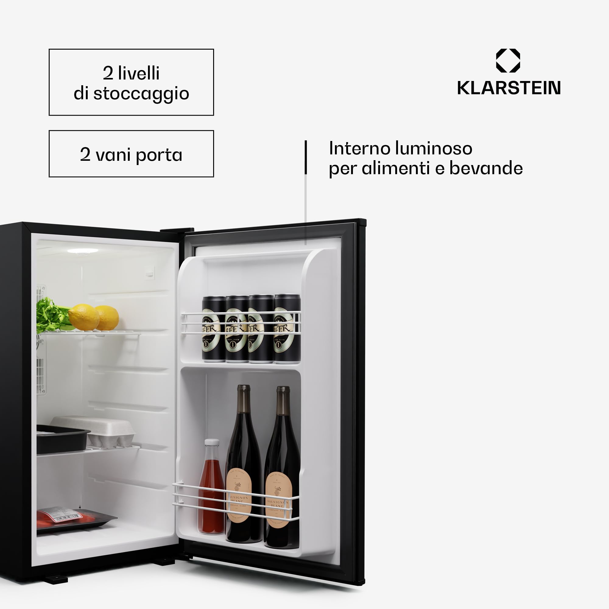 Klarstein 68L Mini Fridge with Glass Door - Compact & Quiet Beverage Cooler for Drinks & Snacks, Adjustable Shelves, Door Lock, Reversible Hinge, Height-Adjustable Feet - Perfect for Home, Office, Dorm, or Bar Use